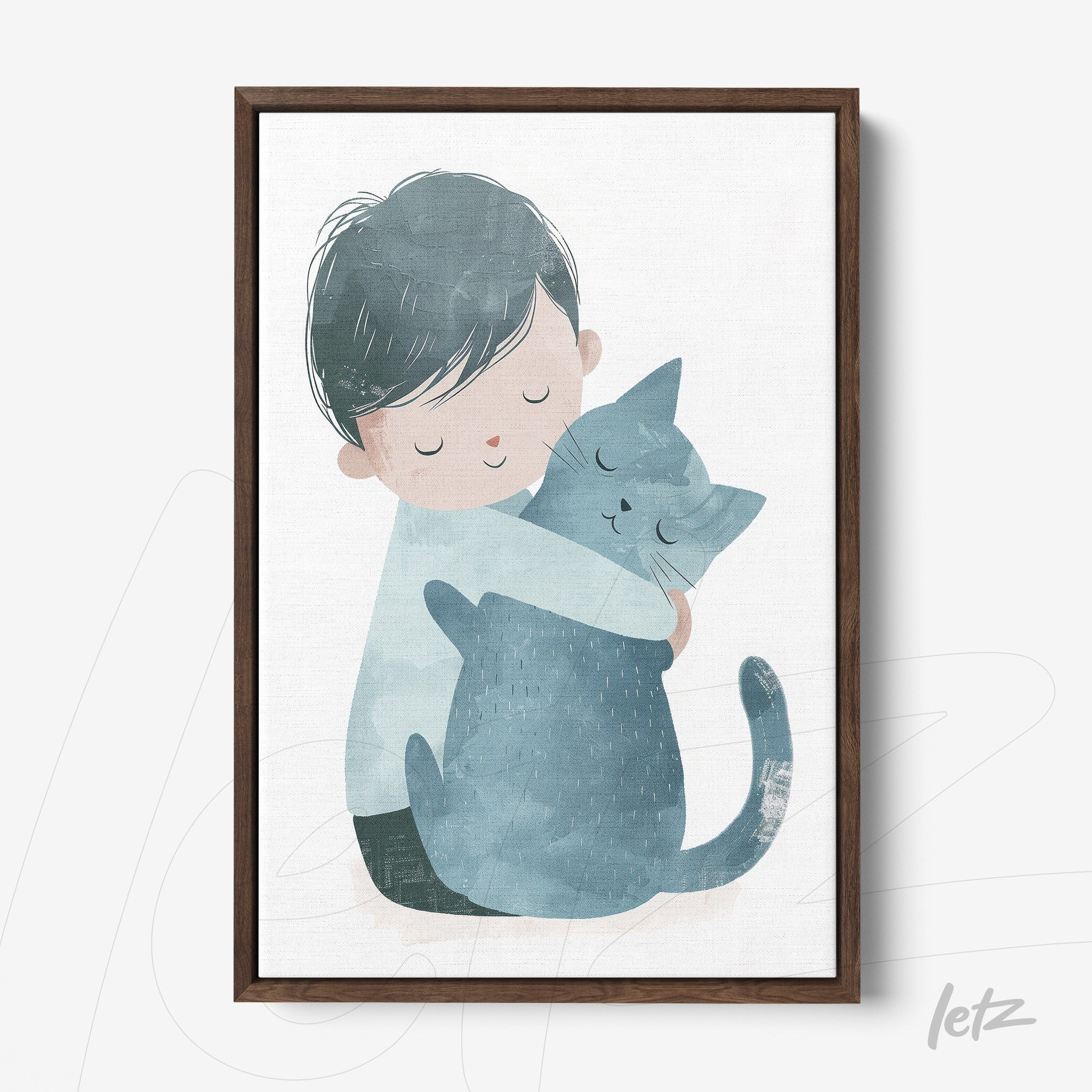 quadro em estilo aquarela de menino abraçando gato cinza em moldura escura