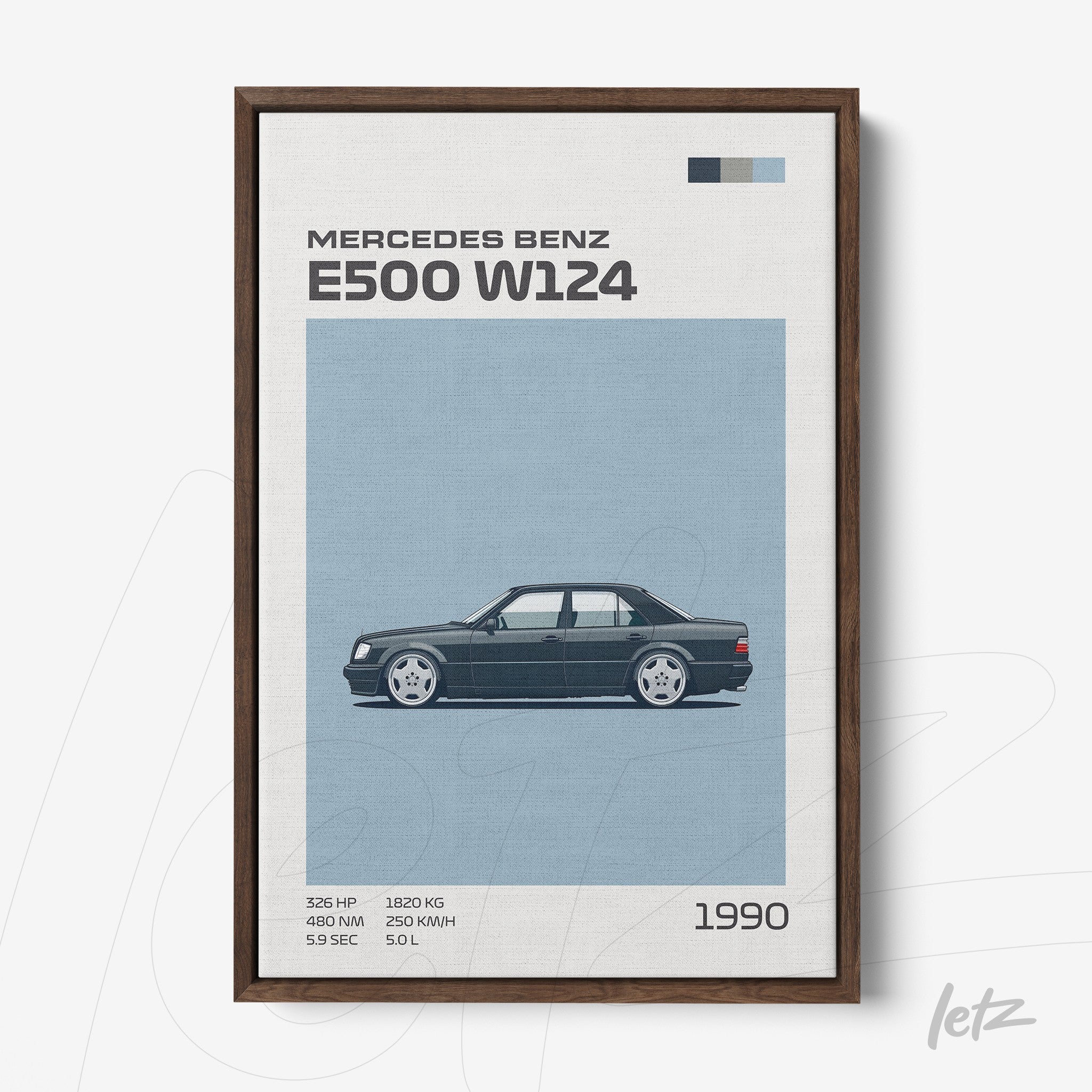 quadro com ilustração digital de um Mercedes Benz E500 W124 em fundo azul, detalhes em cinza e moldura de madeira escura
