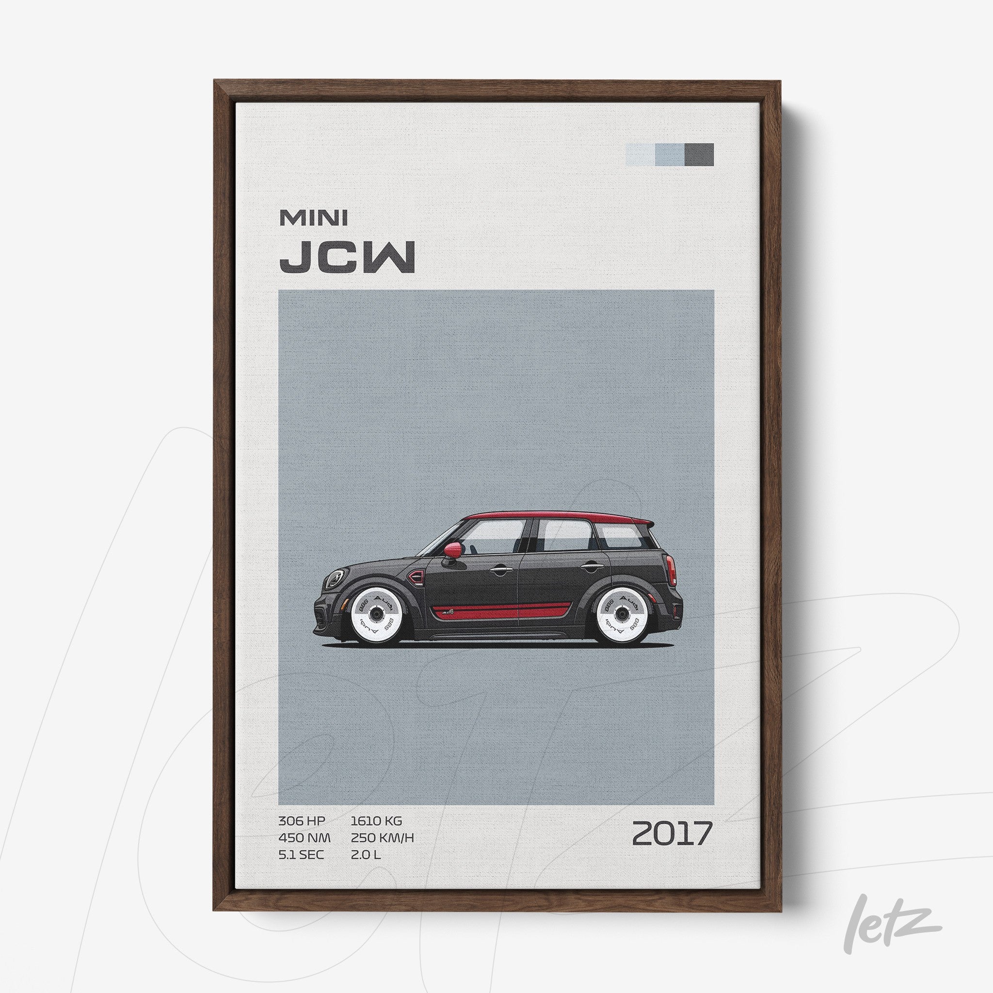 quadro com arte digital de um carro Mini JCW em moldura de madeira escura, com fundo cinza e detalhes em vermelho