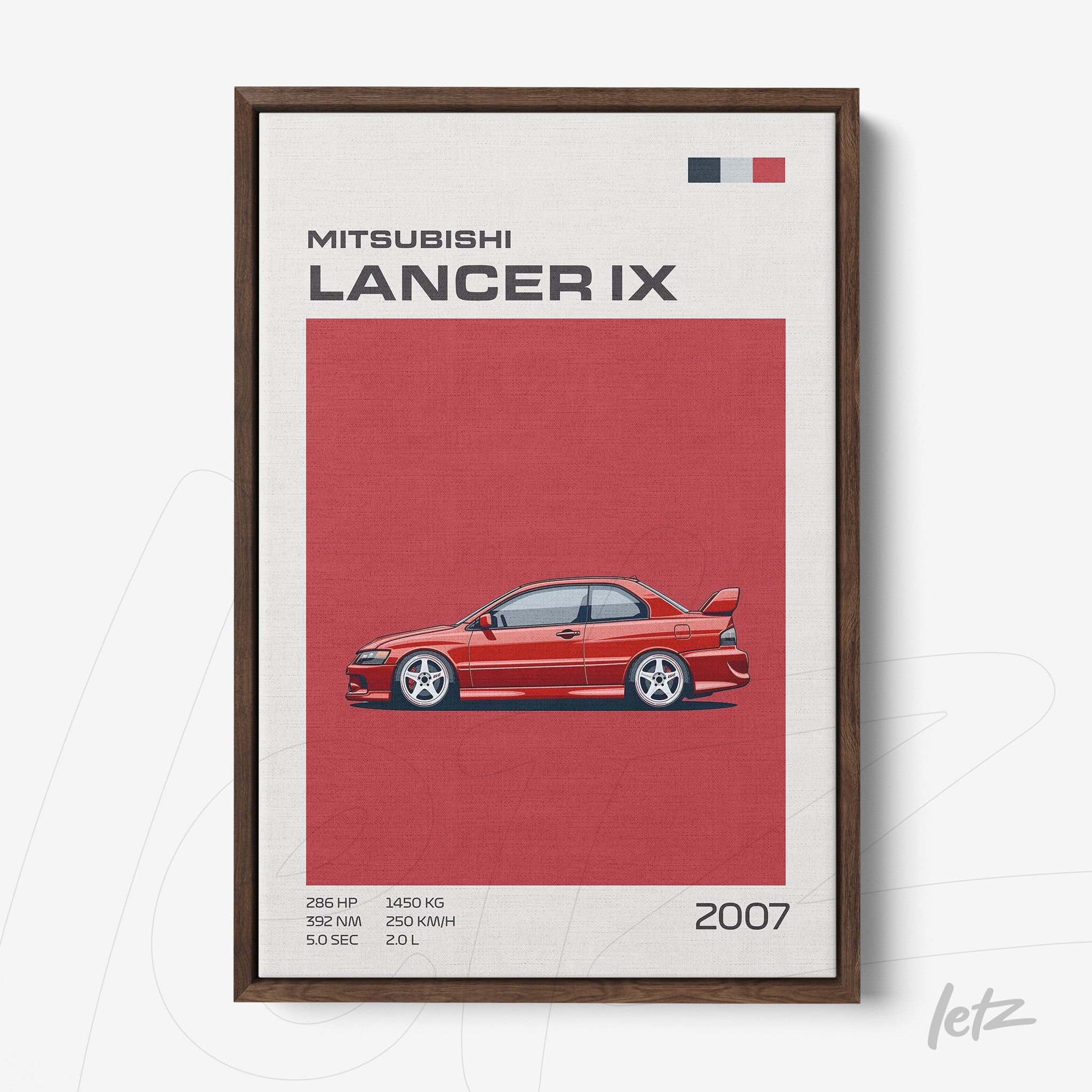 quadro com arte digital do carro Mitsubishi Lancer IX em fundo vermelho, moldura de madeira escura