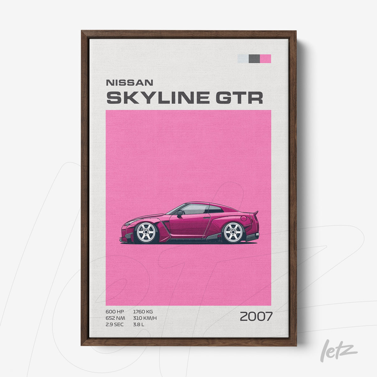 quadro com arte digital do carro Nissan Skyline GTR em fundo rosa e moldura de madeira escura