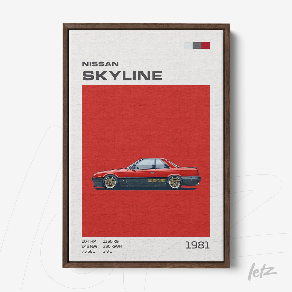 quadro com ilustração do carro Nissan Skyline 1981 em fundo vermelho, moldurado com madeira escura