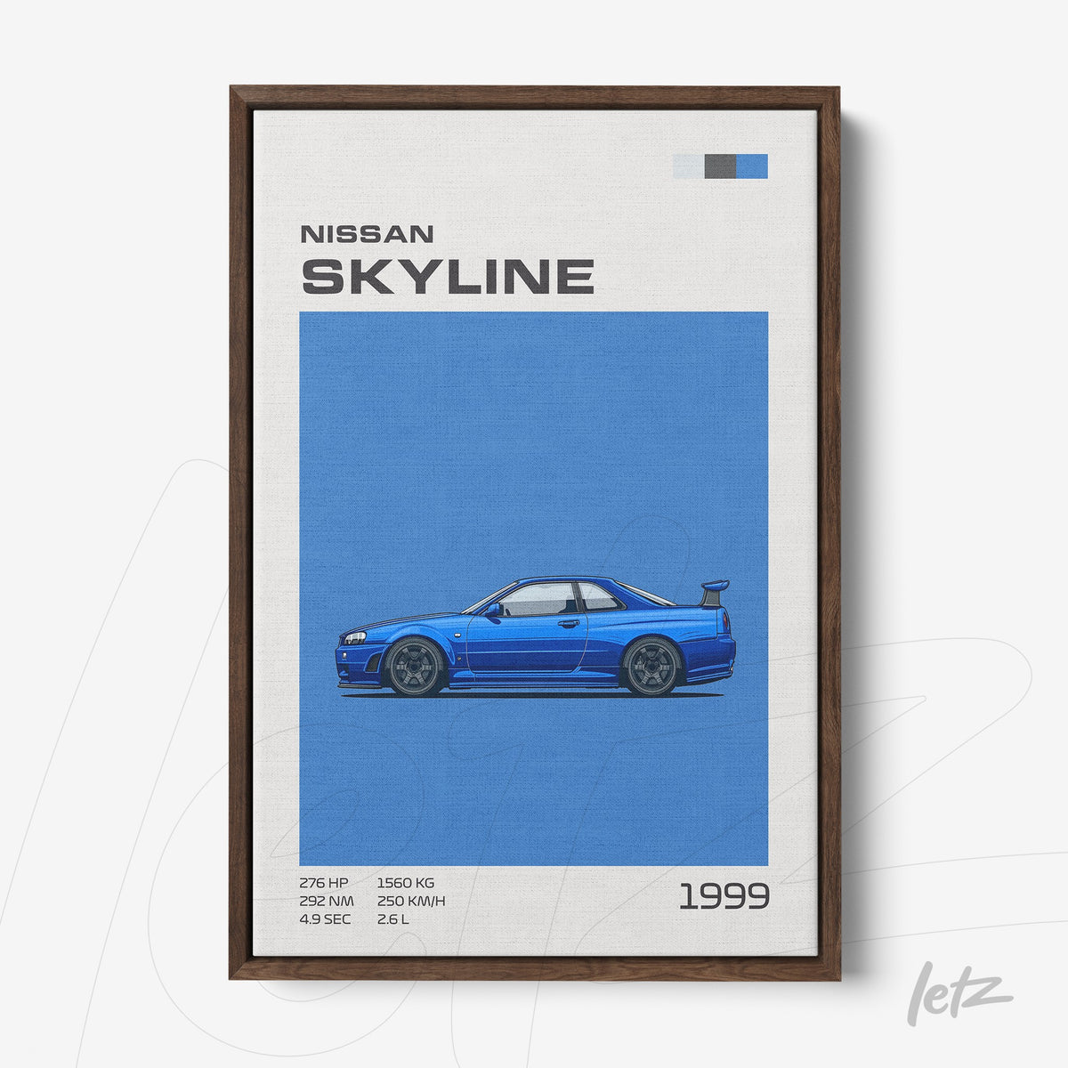quadro com arte do carro Nissan Skyline em fundo azul com detalhes gráficos e moldura de madeira escura