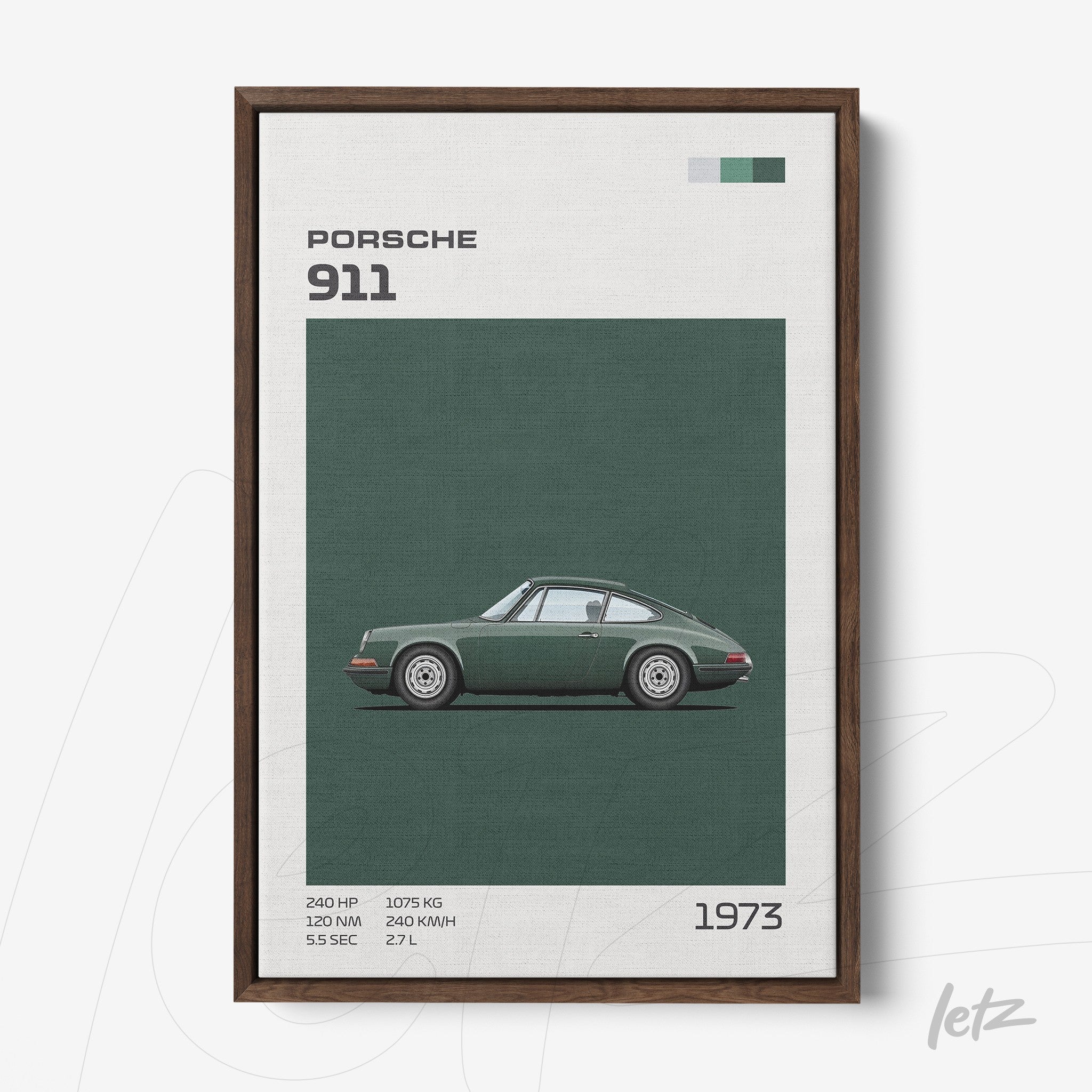 quadro com ilustração minimalista do carro Porsche 911 em fundo verde e moldura de madeira escura