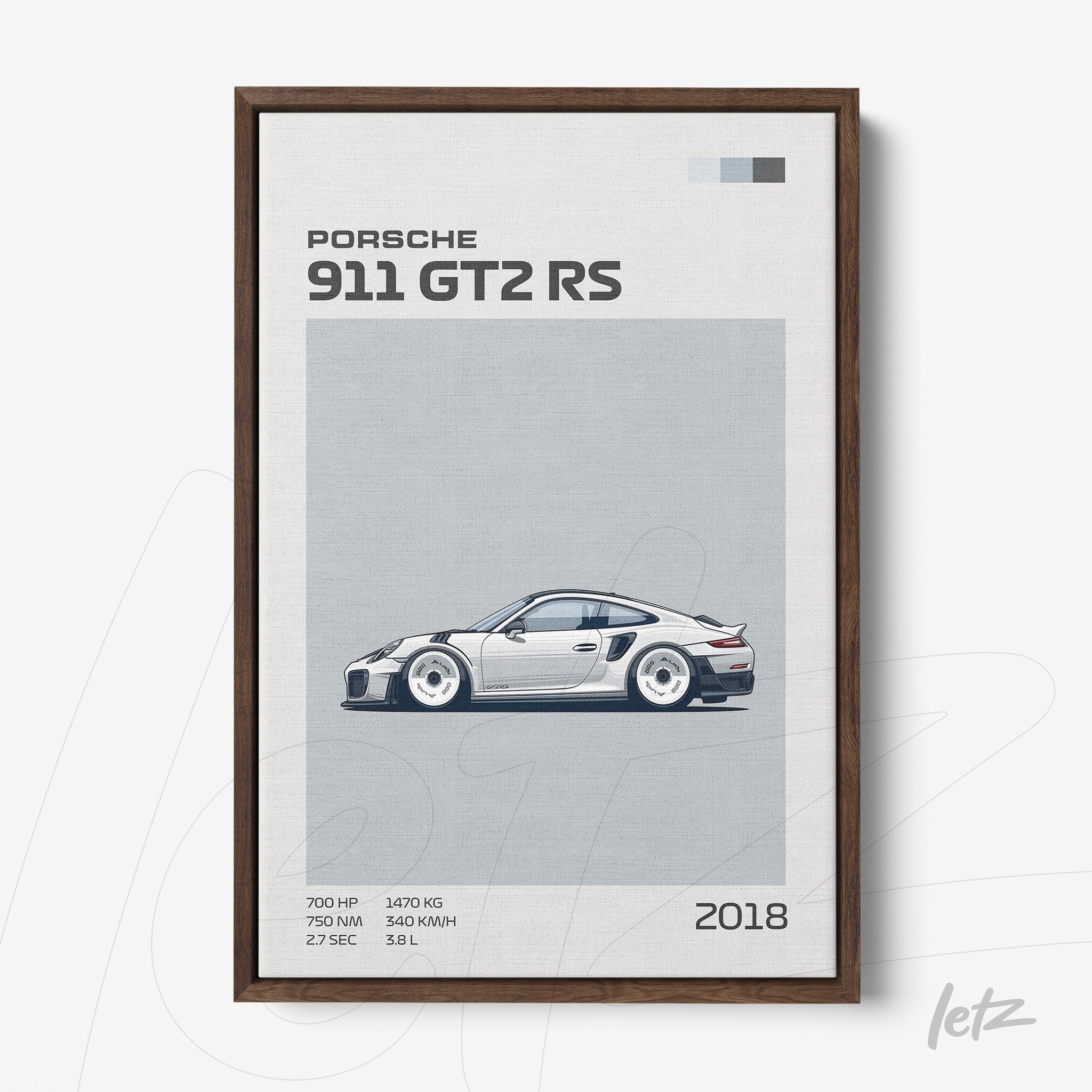 quadro com arte minimalista do carro Porsche 911 GT2 RS em moldura de madeira escura