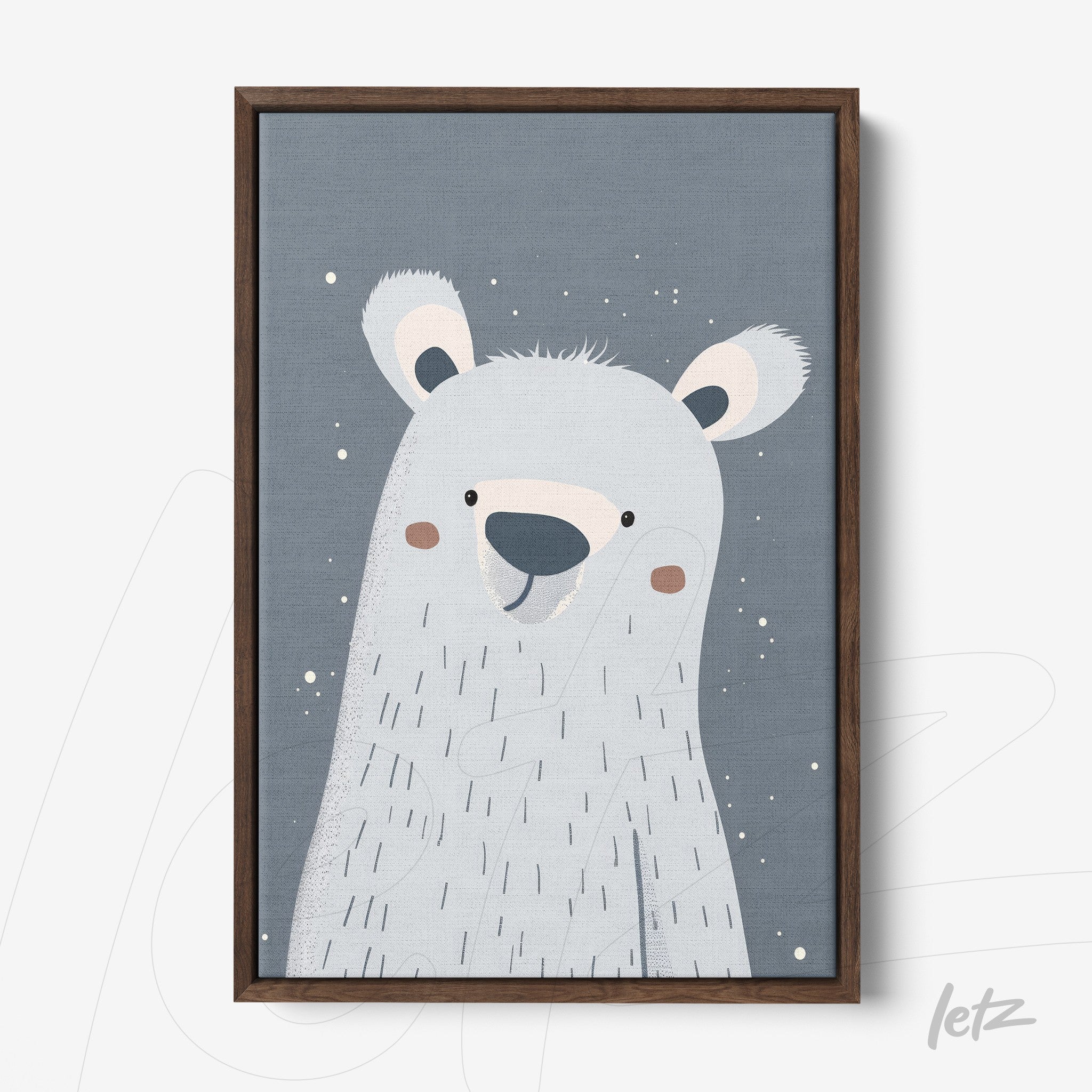 quadro decorativo com ilustração de urso polar em estilo infantil sobre fundo azul, emoldurado em madeira escura