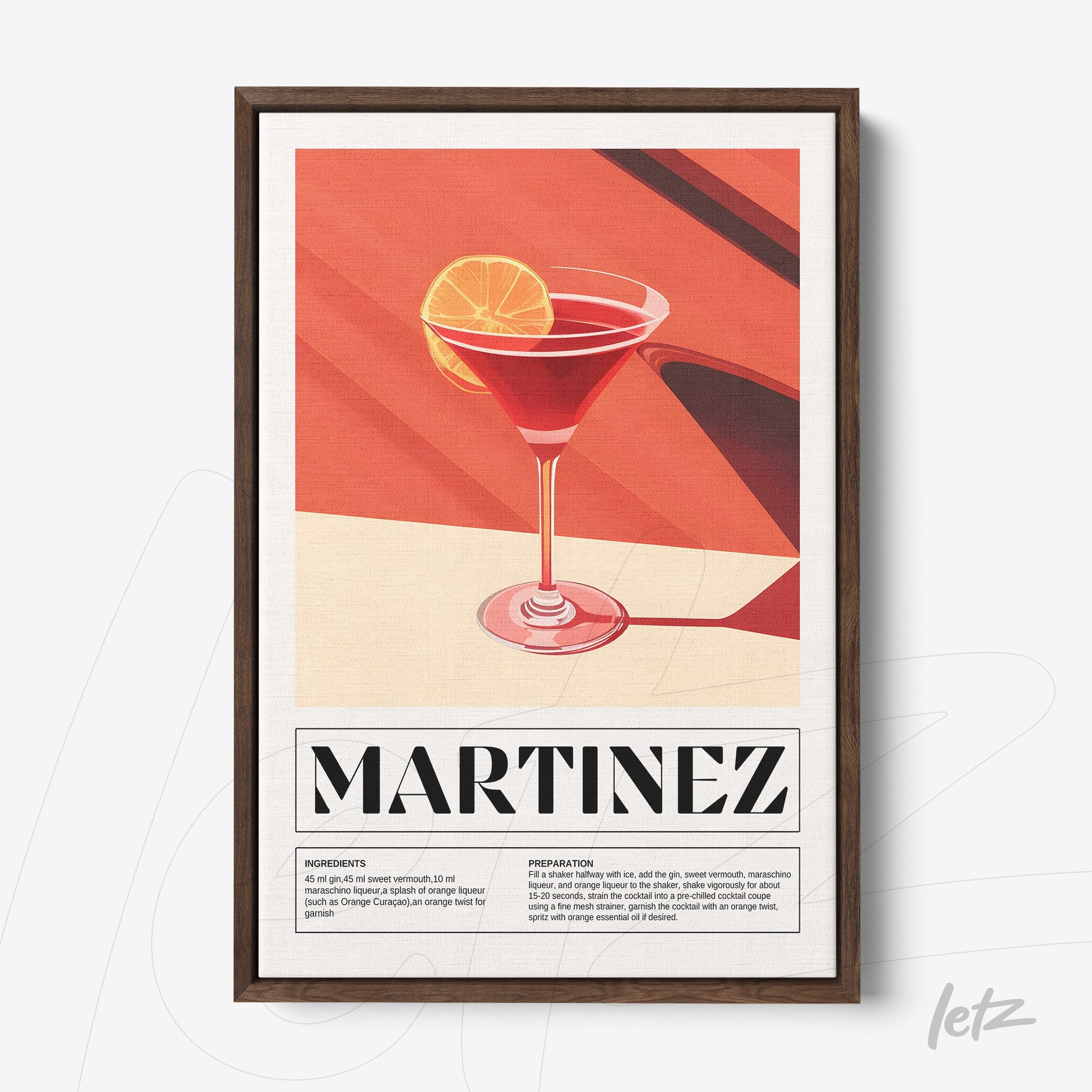 quadro com arte retrô do drink martinez em moldura de madeira escura