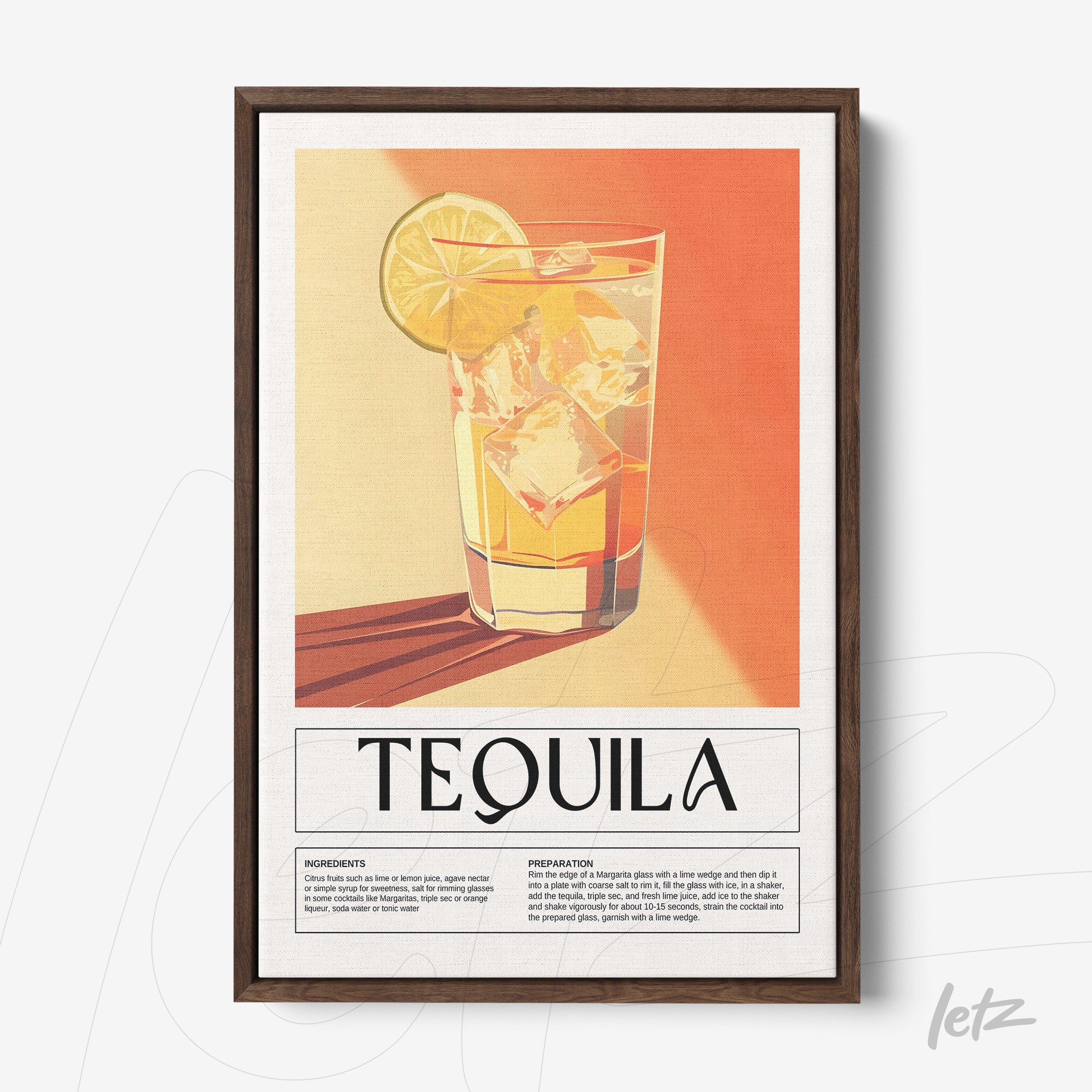 quadro decorativo com ilustração de drink tequila em estilo retrô, moldura de madeira escura sobre fundo laranja