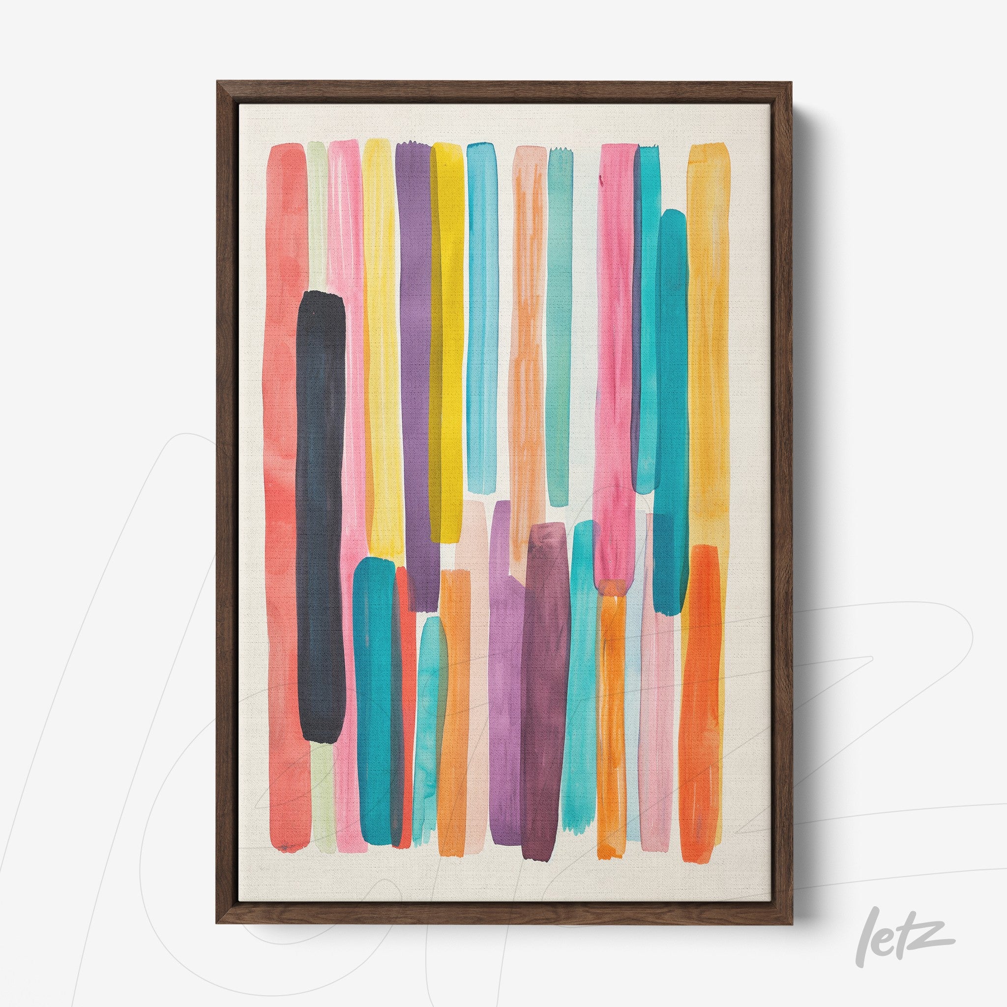 quadro com arte abstrata em tons vibrantes de rosa, azul e amarelo em moldura de madeira escura