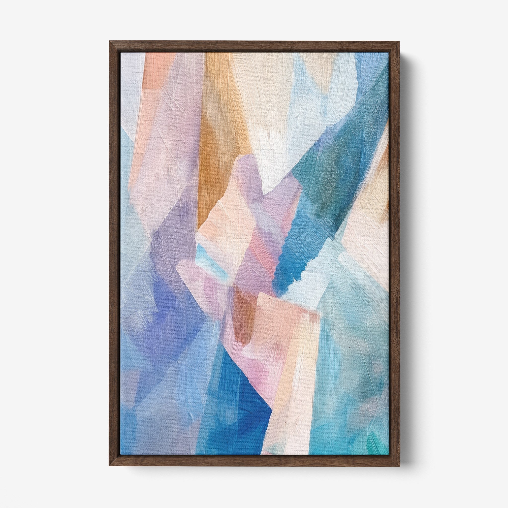 quadro em tela com arte abstrata em tons pastel e moldura de madeira escura