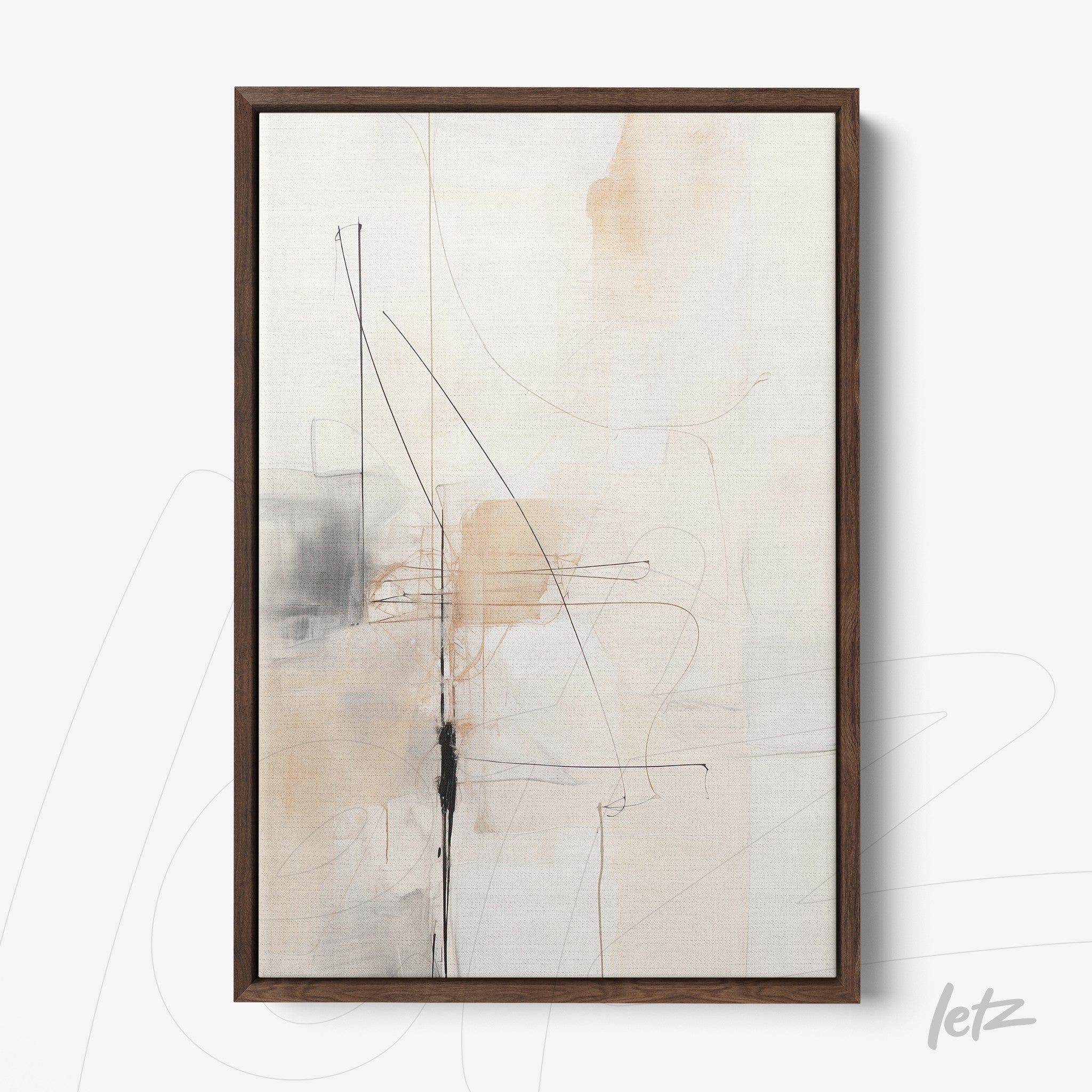 quadro com arte abstrata em tons neutros e linhas pretas em moldura de madeira escura