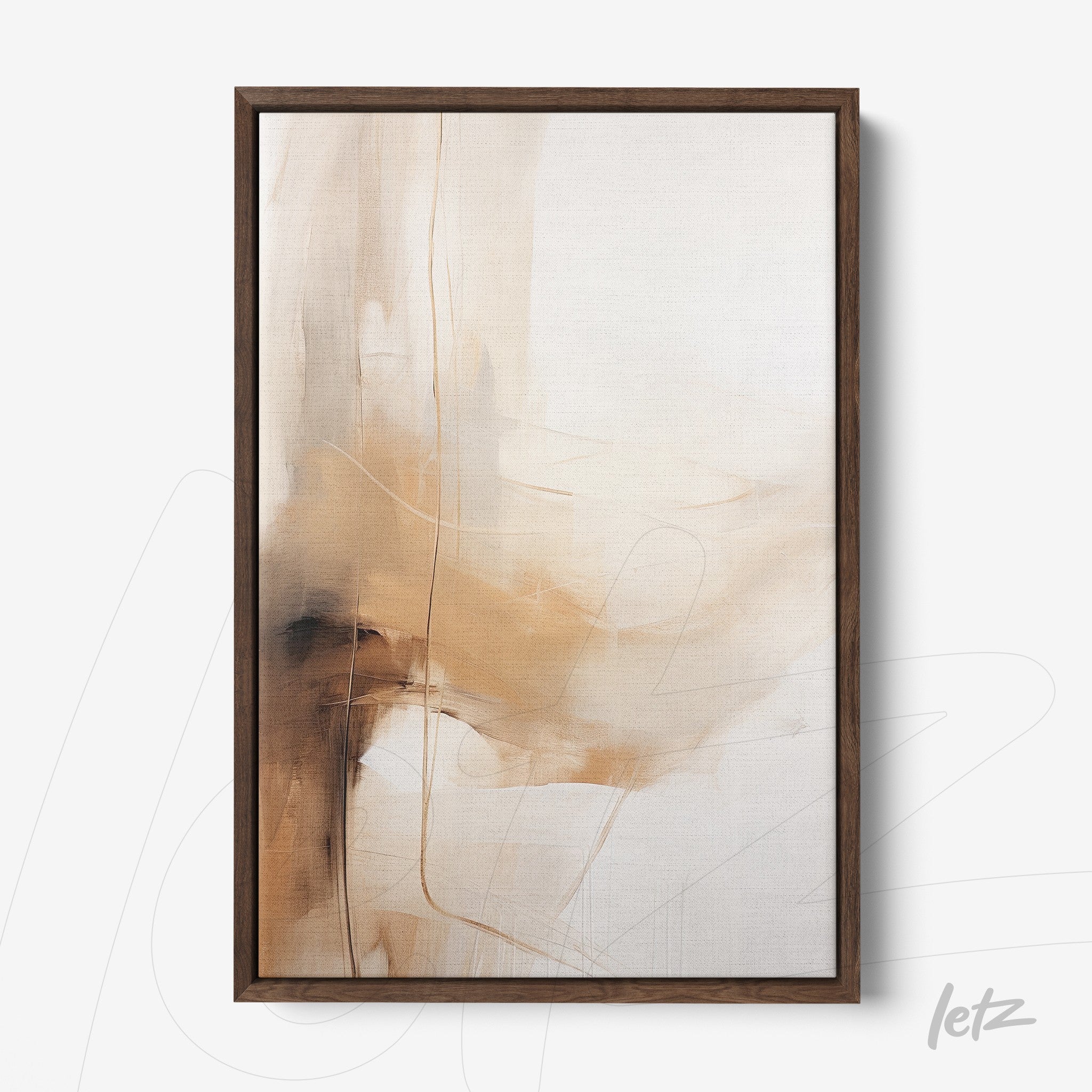 quadro com arte abstrata em tons de bege e marrom com moldura de madeira escura