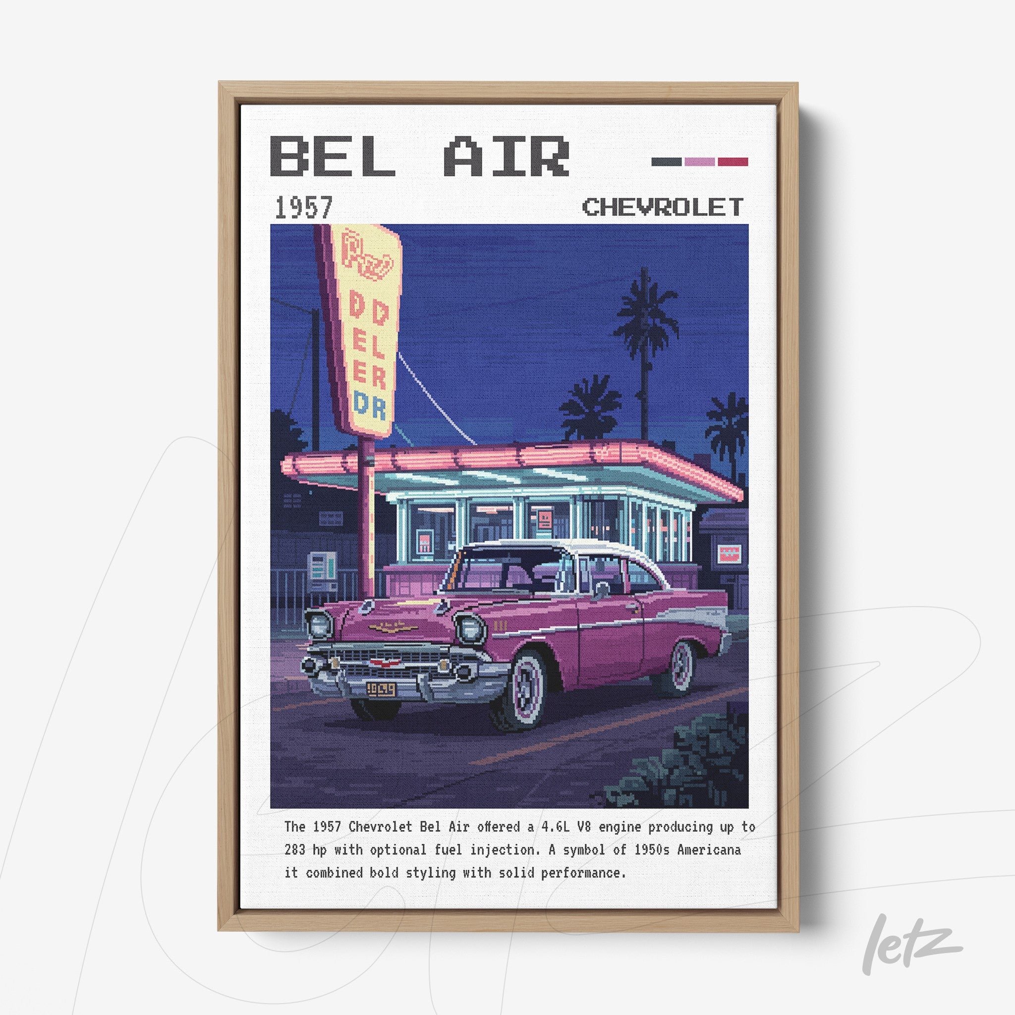 quadro emoldurado com arte retro de um Chevrolet Bel Air rosa estacionado em frente a uma lanchonete iluminada, com palmeiras ao fundo