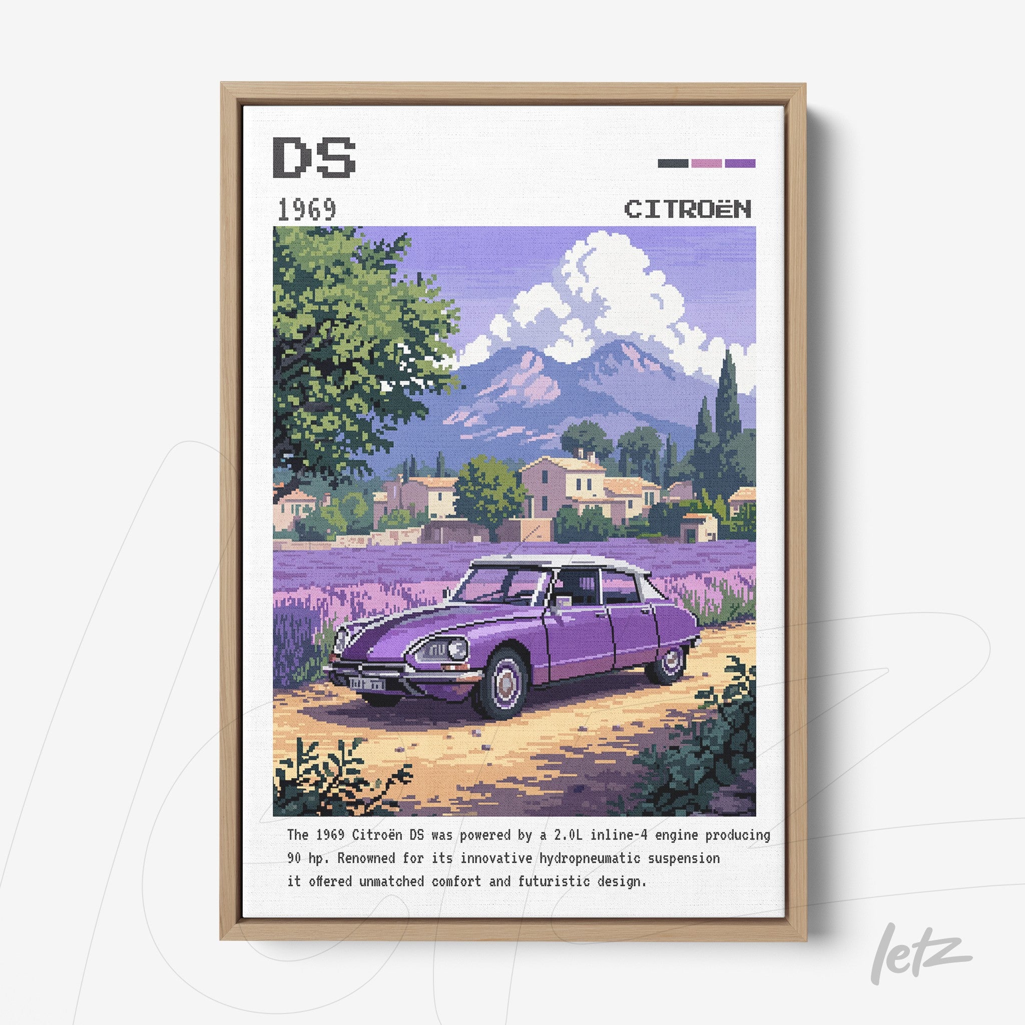 quadro com arte retro de um Citroën DS 1969 em um cenário bucólico com montanhas ao fundo e campos de lavanda