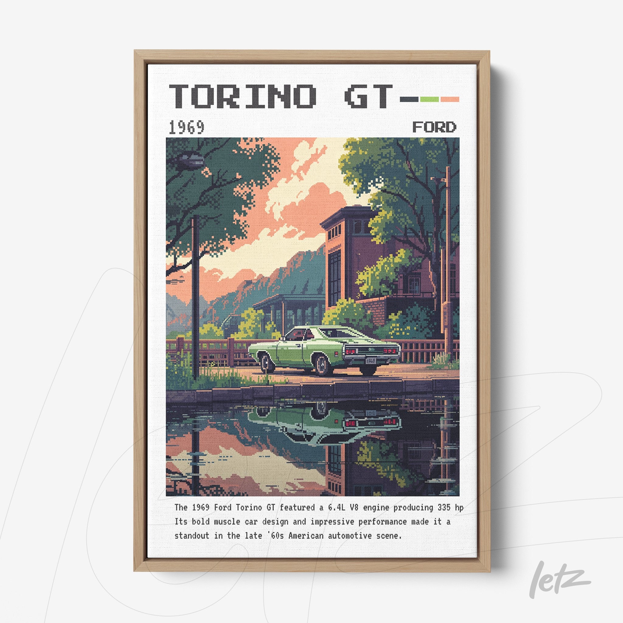 quadro em estilo pixel art do Ford Torino GT de 1969 em frente a um edifício histórico, com árvore e reflexo na água