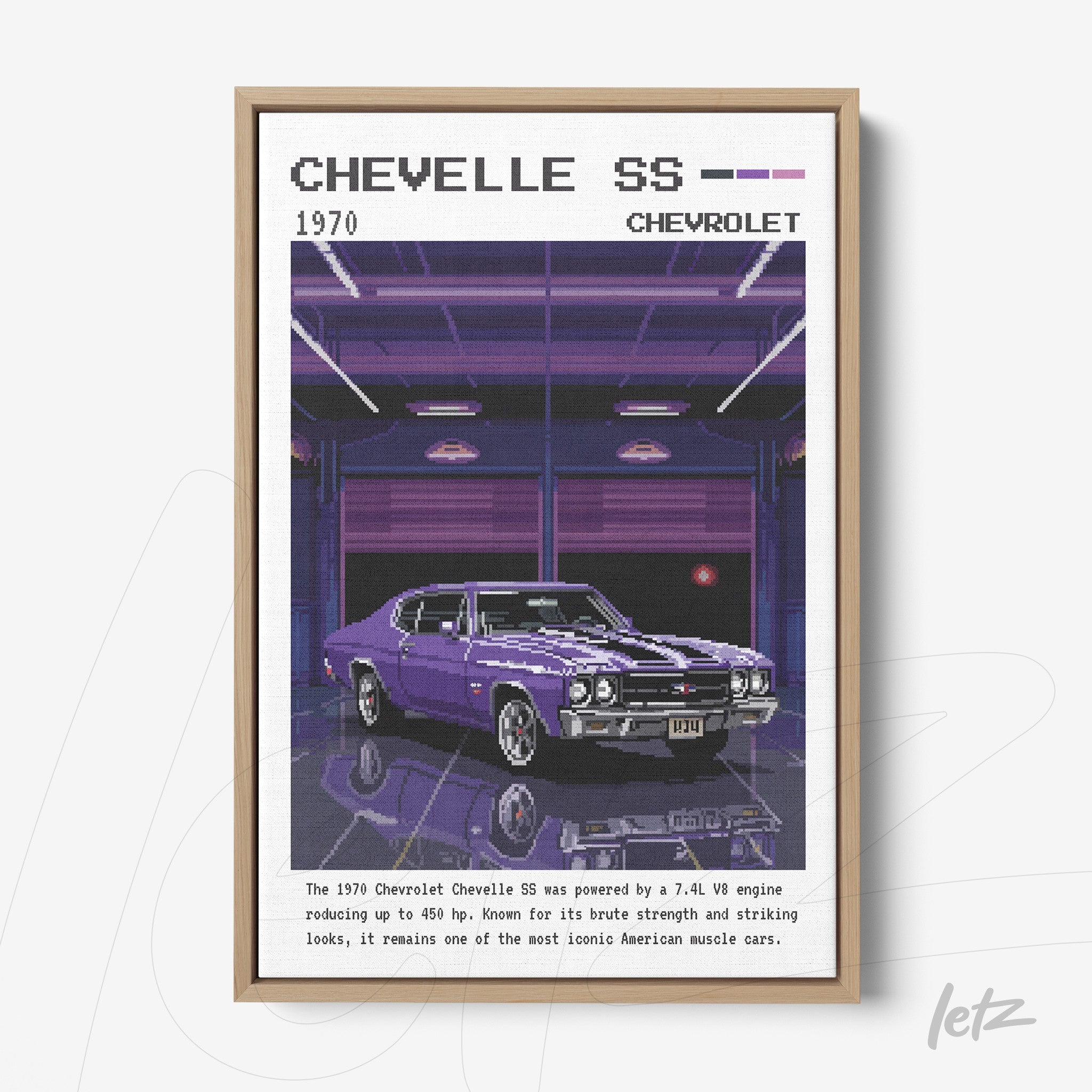 quadro com ilustração retro de carro Chevelle SS 1970 em moldura clara, com fundo de garagem em tons de roxo