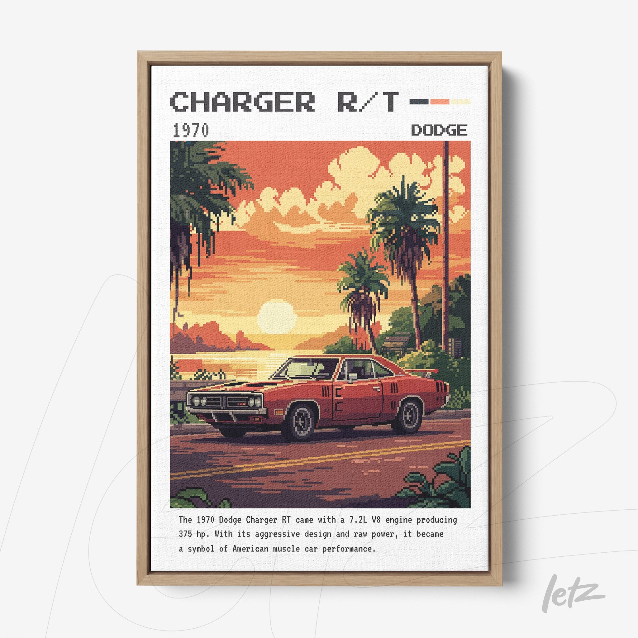 quadro com arte retrô de carro Dodge Charger RT 1970 em moldura de madeira clara com fundo tropical