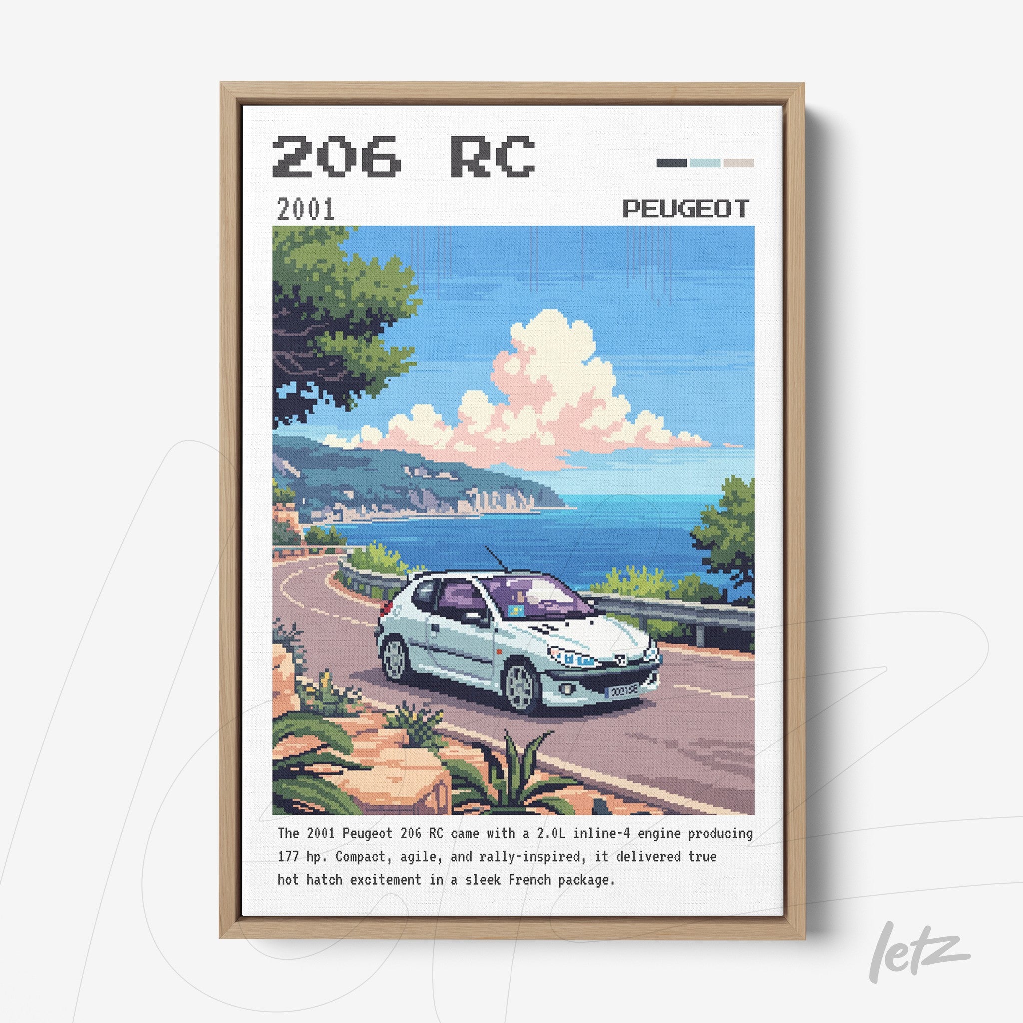 quadro com arte em pixel do carro Peugeot 206 RC em um cenário monaco com montanhas e céu azul