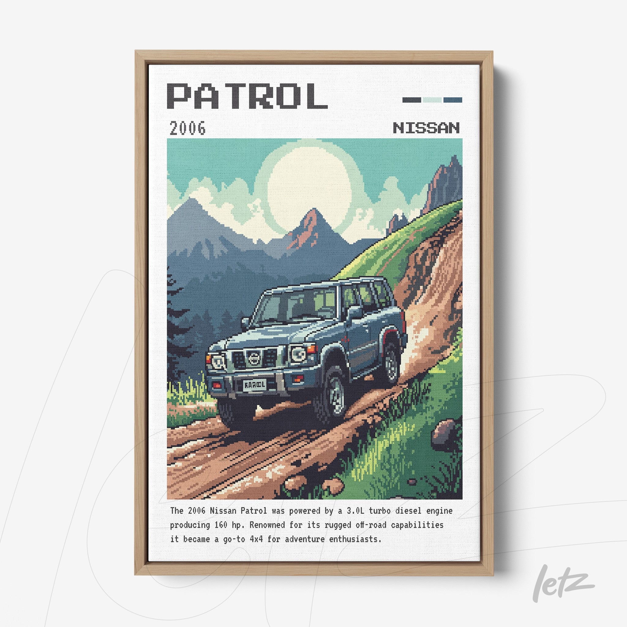quadro com arte pixelada de um veículo Nissan Patrol 2006 em uma paisagem montanhosa sobre fundo claro com moldura de madeira clara