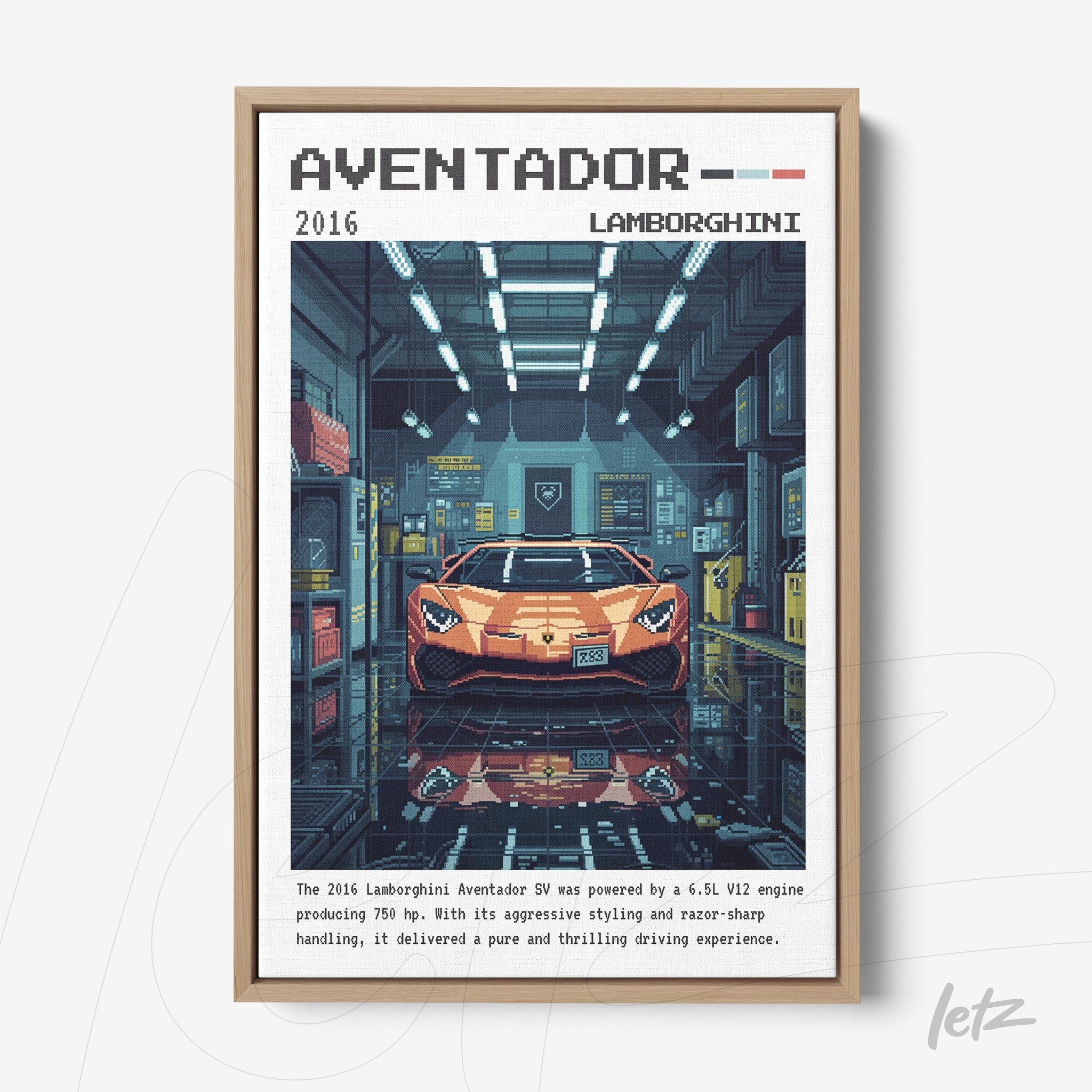 quadro com arte pixelada de um Lamborghini Aventador em um ambiente de garagem estilizado com detalhes em alta definição