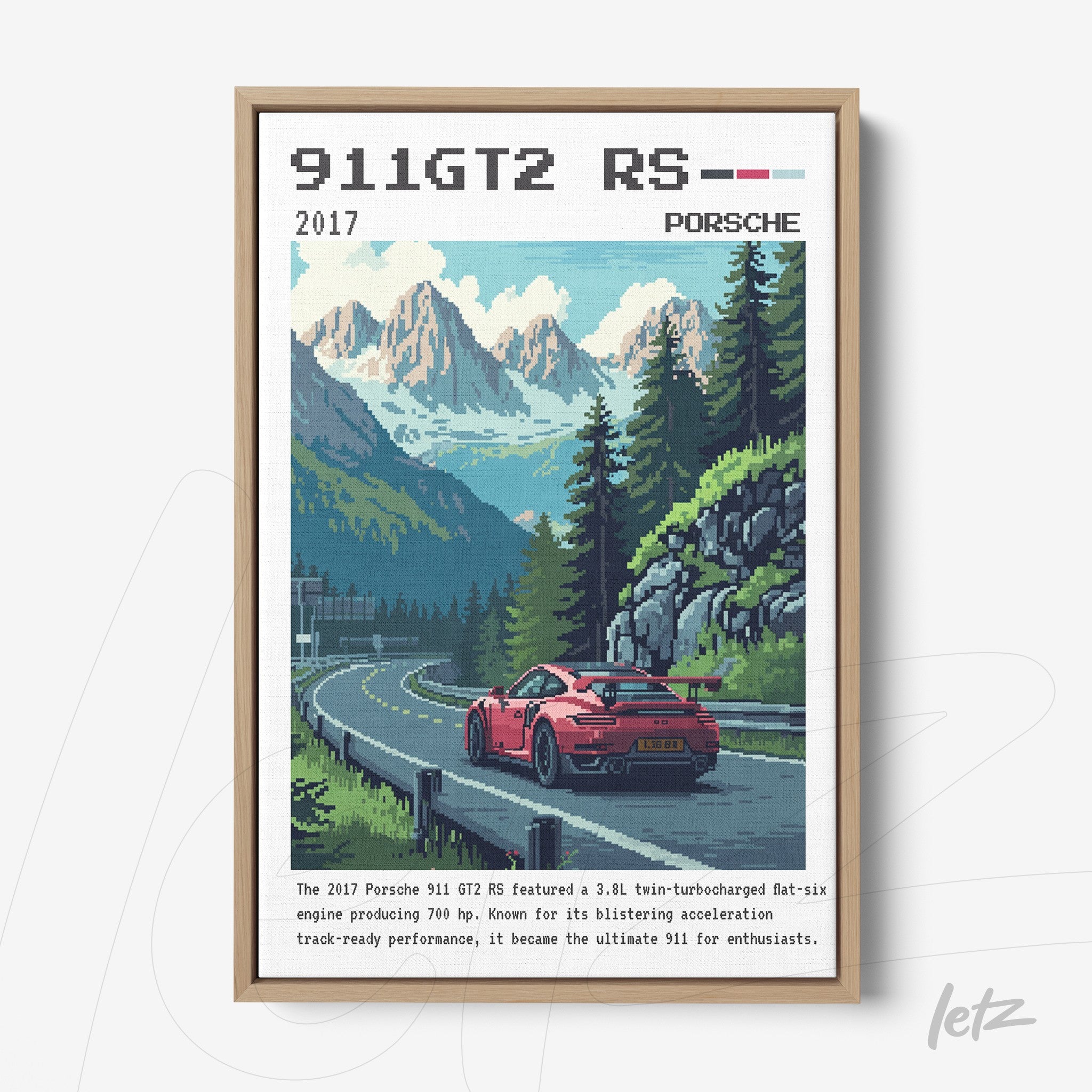 quadro com arte pixelada de um carro Porsche 911 GT2 RS em uma estrada montanhosa com fundo verde