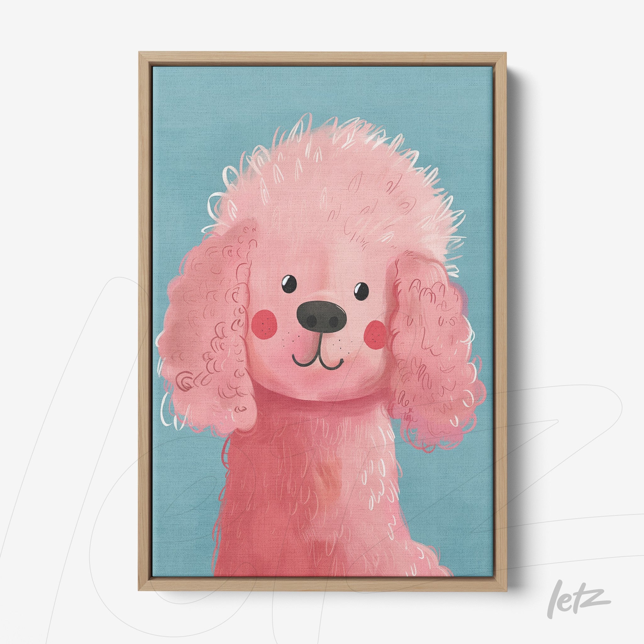 quadro com ilustração colorida de um poodle rosa sobre fundo azul, em moldura de madeira clara