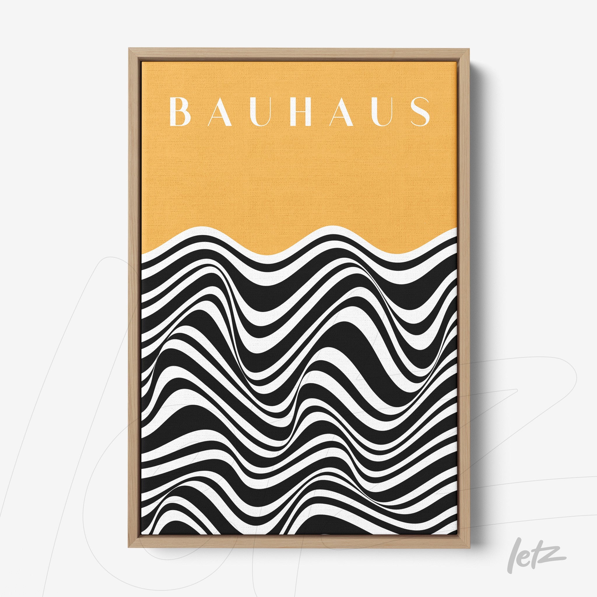 quadro com arte abstrata em estilo bauhaus com moldura de madeira e fundo amarelo