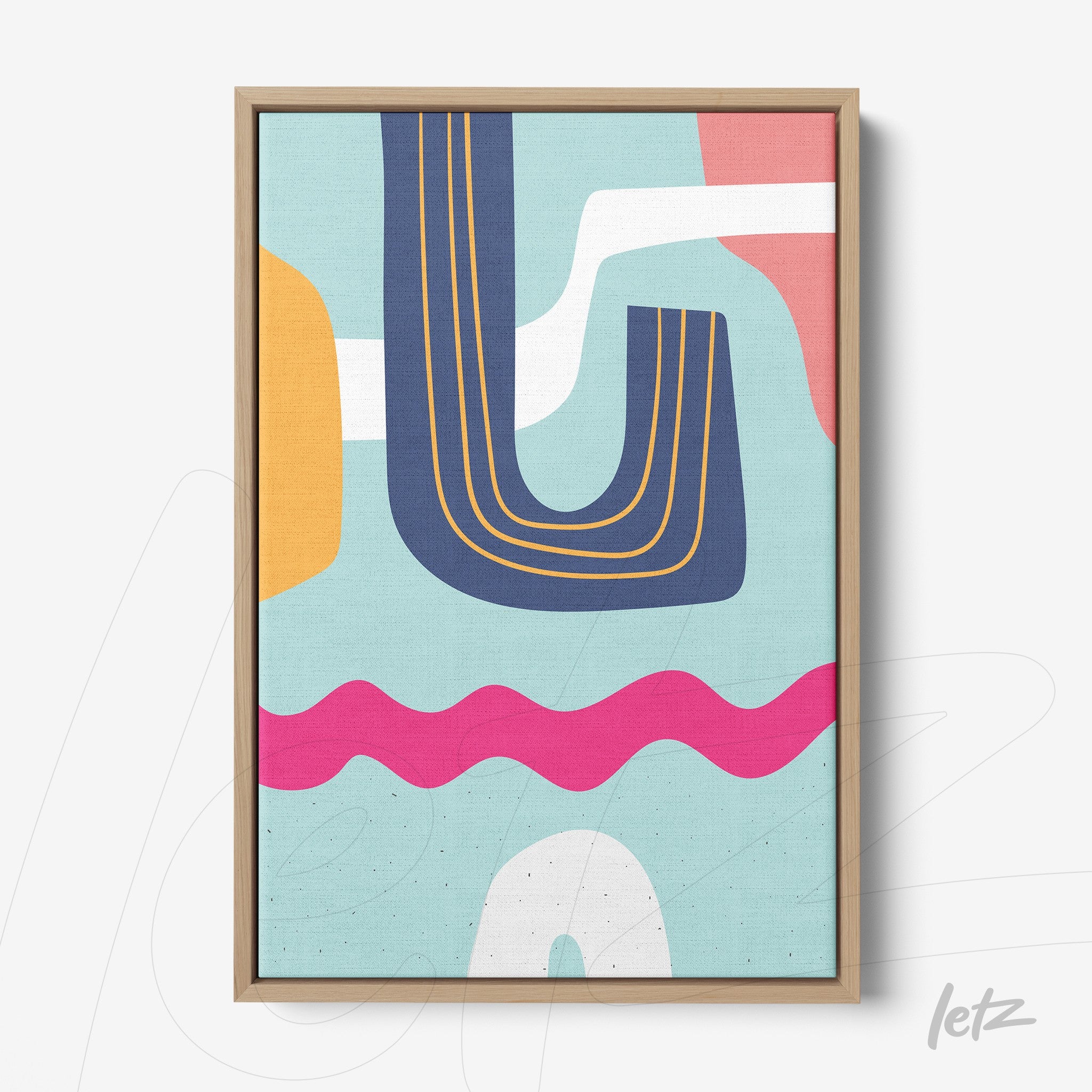 ```json
{
"alt": "canvas de arte abstrata boho com formas geométricas coloridas em moldura natural",
"alt_en": "boho abstract canvas art with colorful geometric shapes in natural frame"
}
```