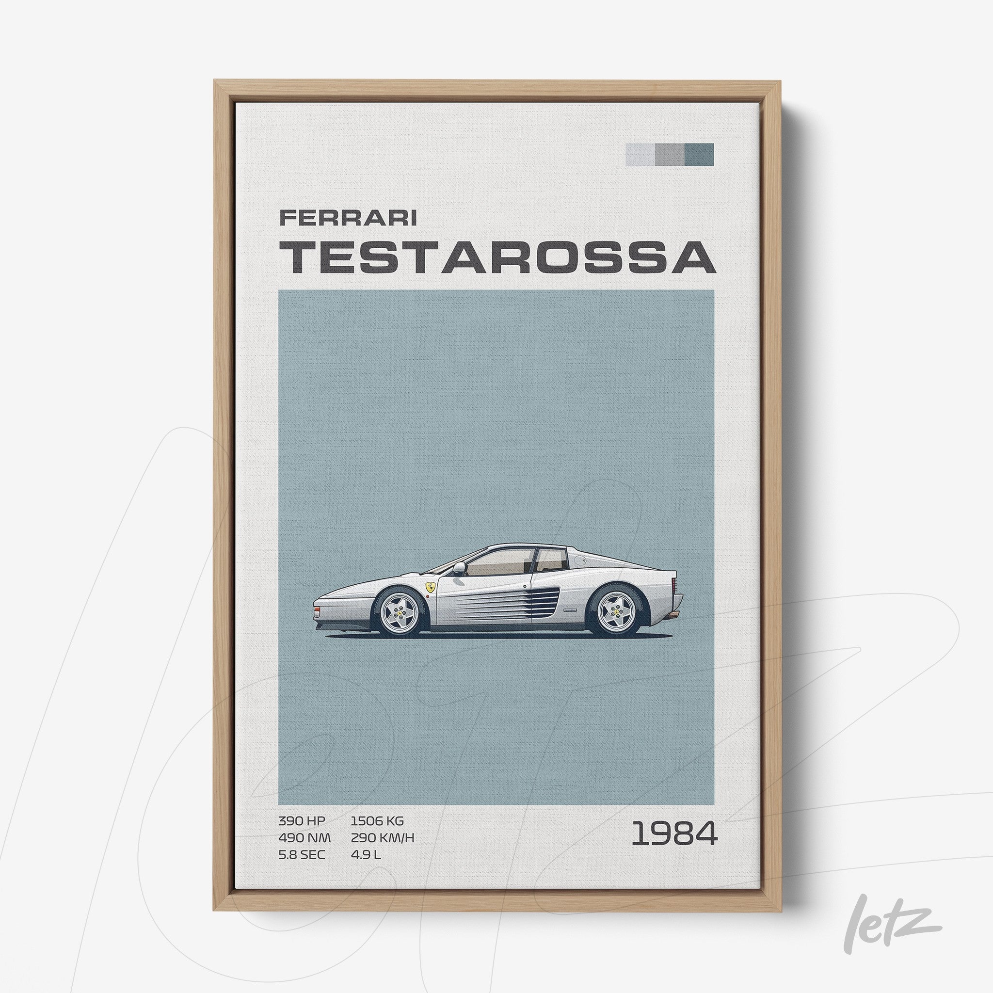 quadro com ilustração minimalista de carro esportivo Ferrari Testarossa em moldura de madeira clara