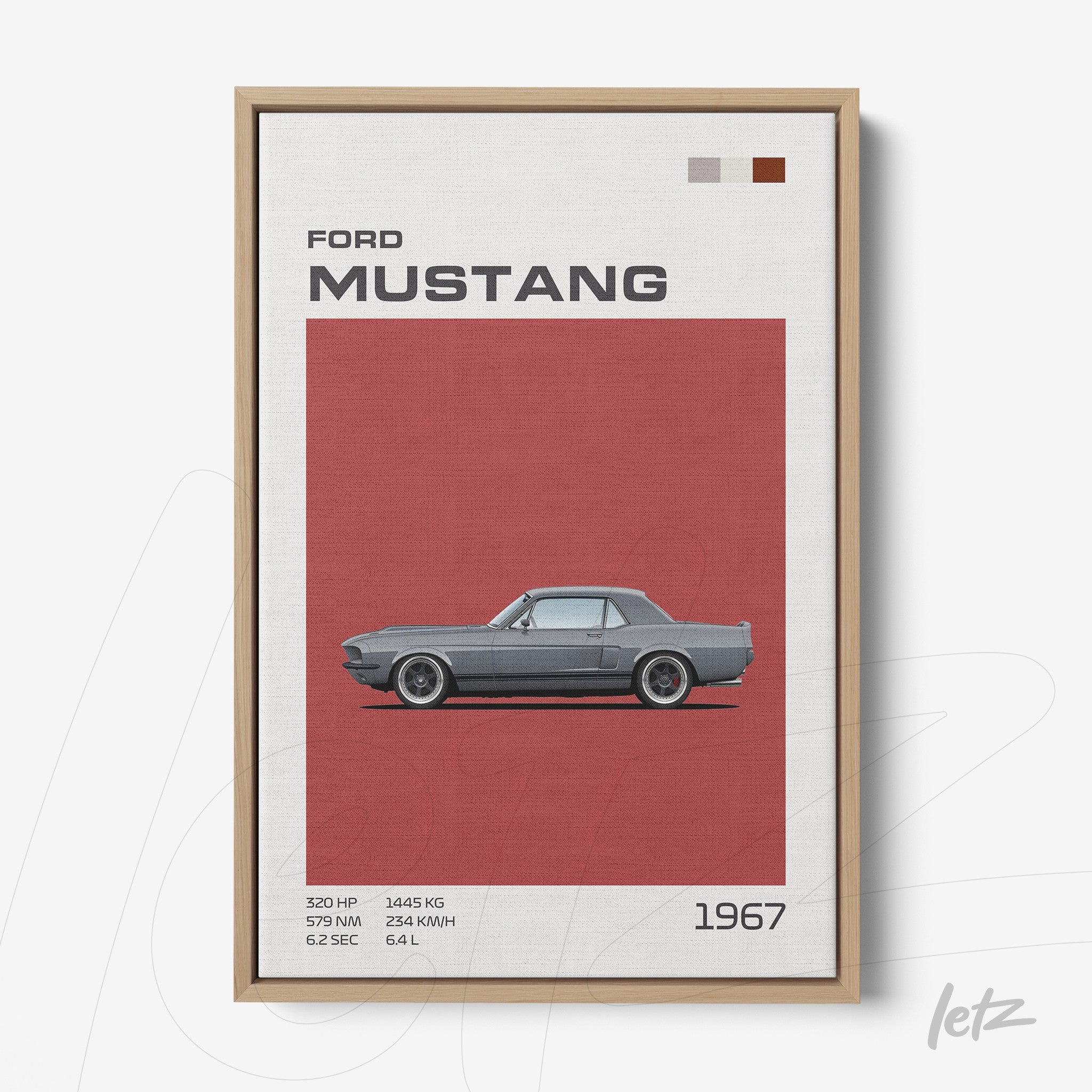 quadro com ilustração retro do Ford Mustang 1967 em moldura de madeira clara