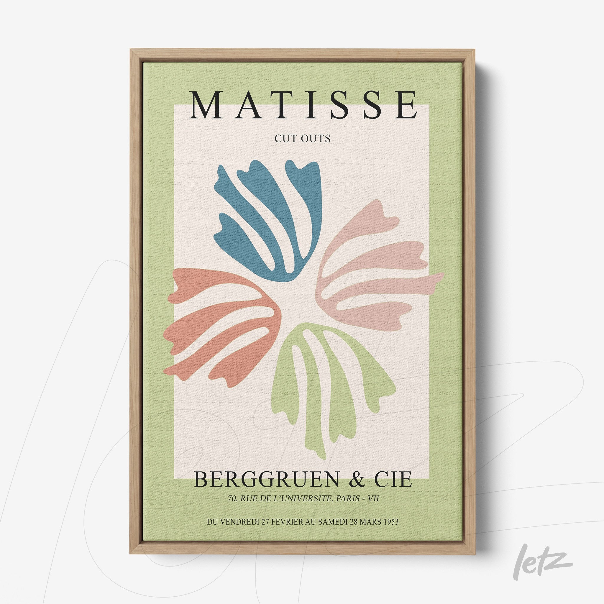quadro com arte de Matisse em estilo moderno, apresentando formas de folhas em cores pastel sobre fundo verde claro, em moldura de madeira clara