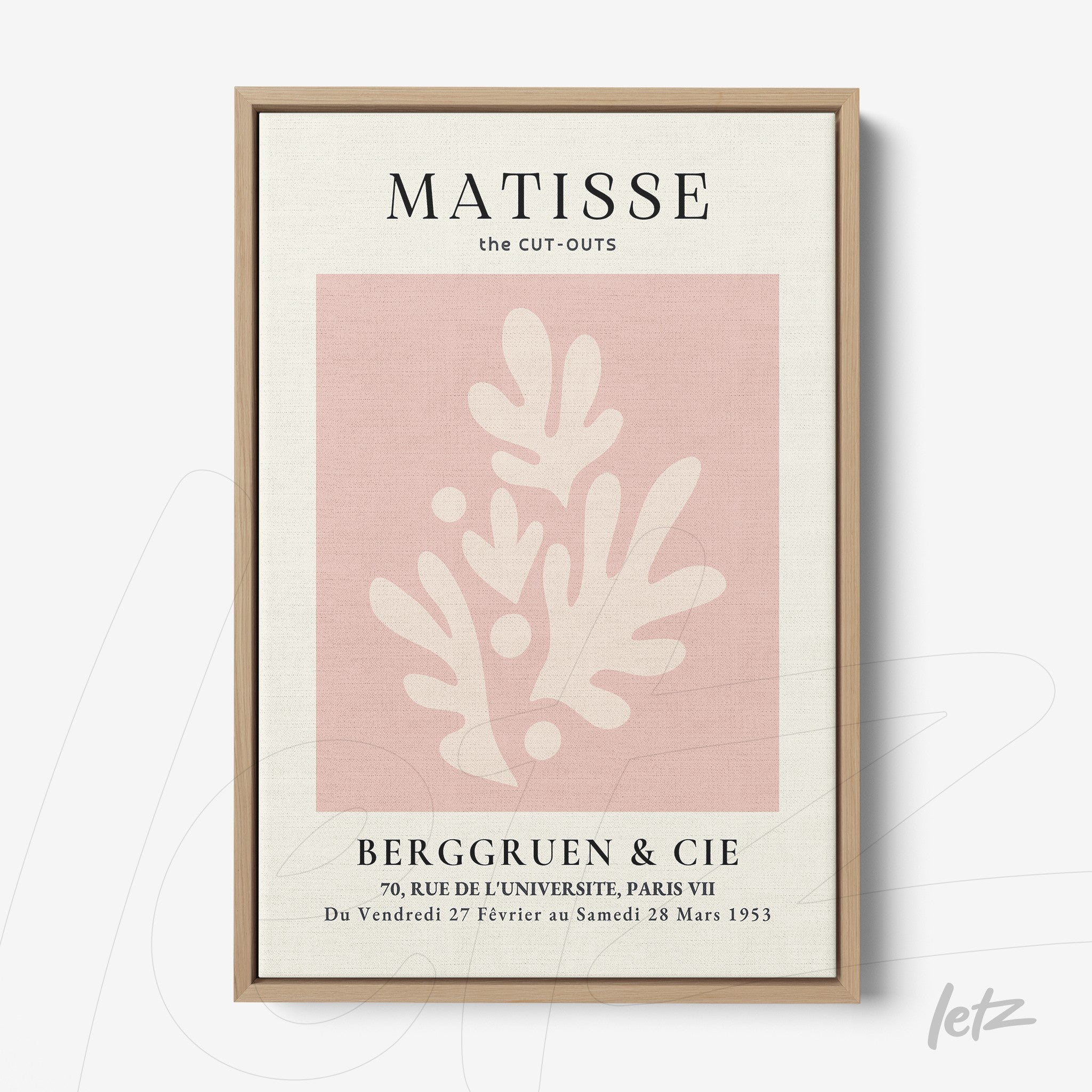 quadro decorativo com ilustração em rosa e creme inspirada nas recortes de Matisse, moldura de madeira clara