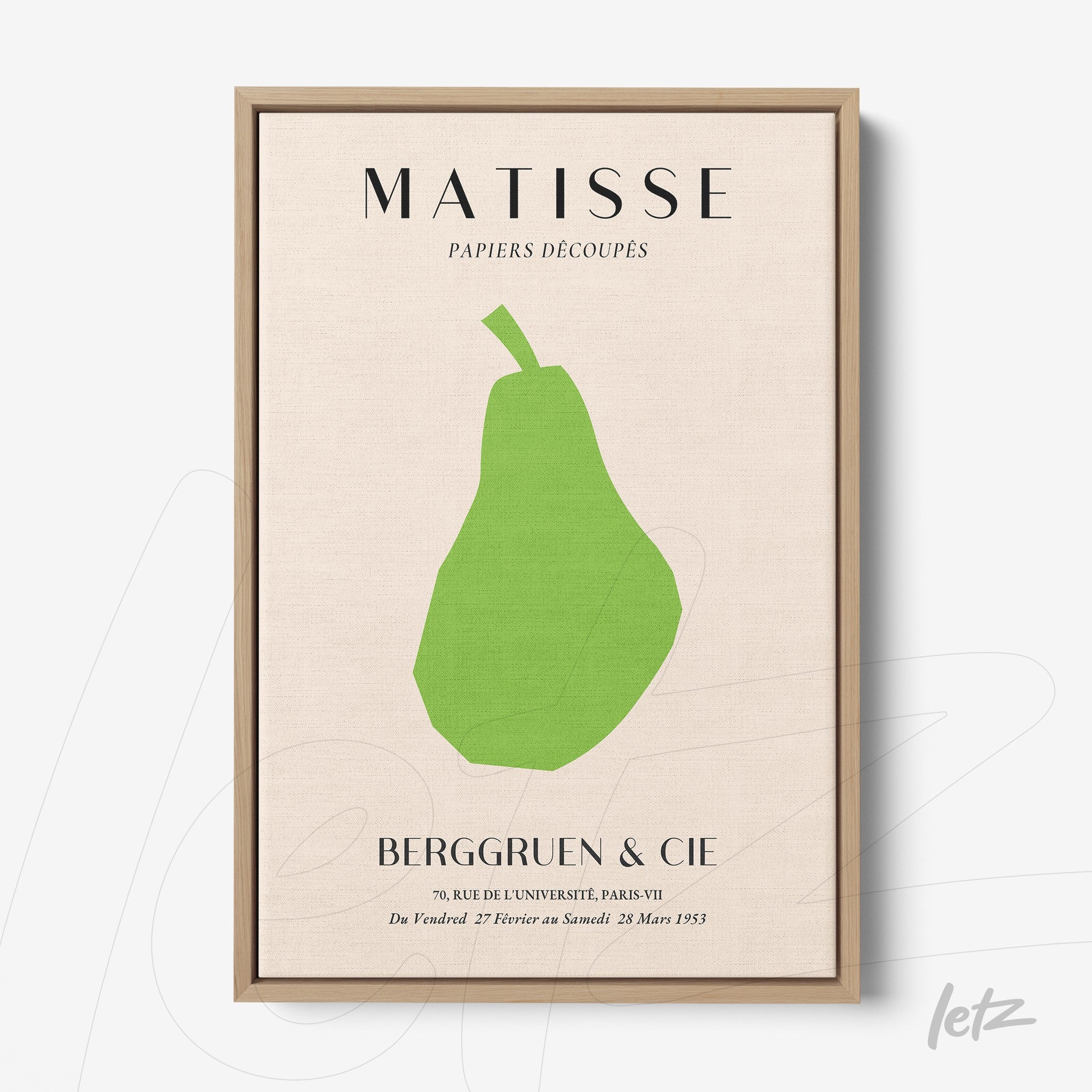 quadro em moldura natural com arte de uma pera em formas geométricas e cores vibrantes, inspirado na obra de Matisse