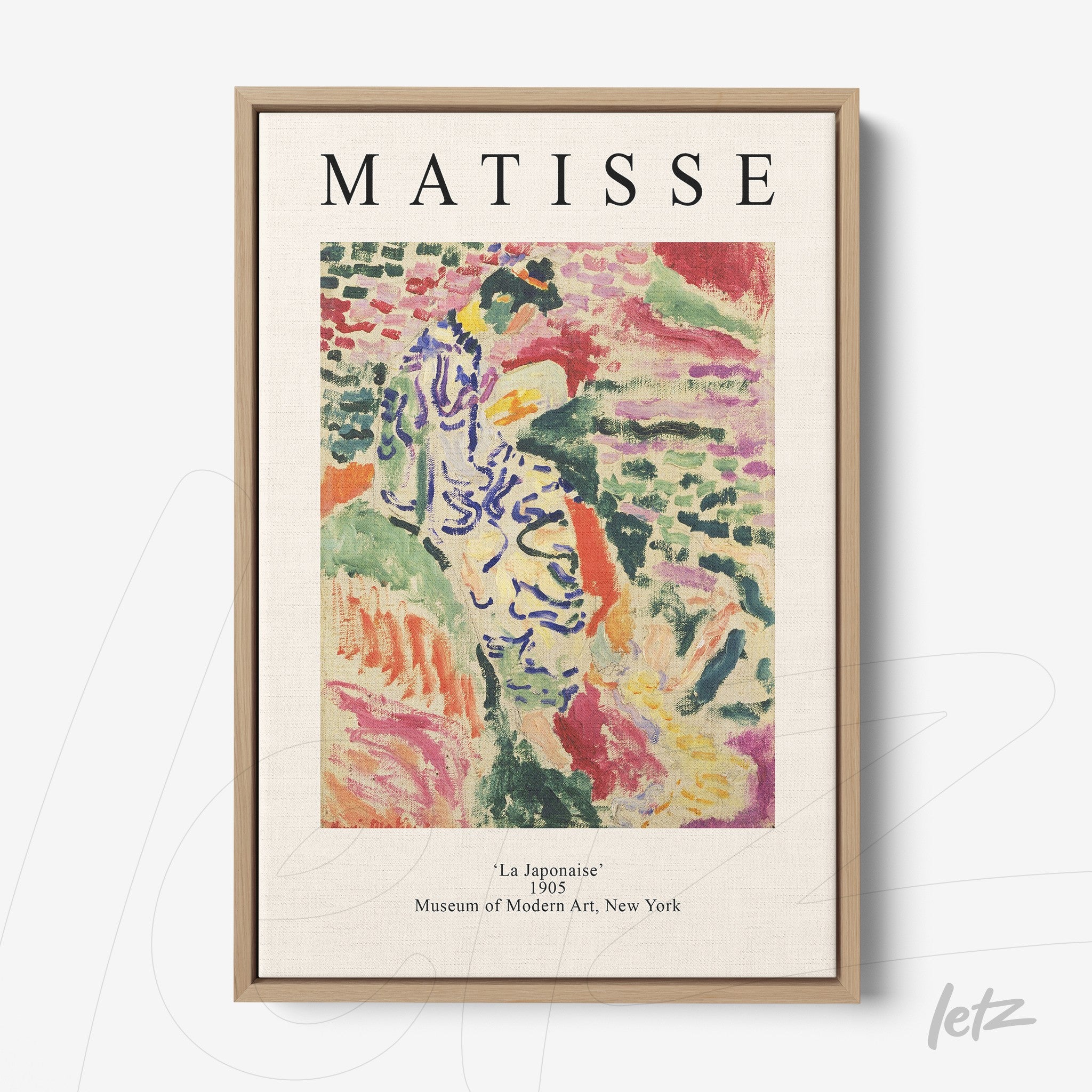 quadros decorativos com arte moderna de Matisse, apresentando a obra 'La Japonais' emoldurada com moldura de madeira clara