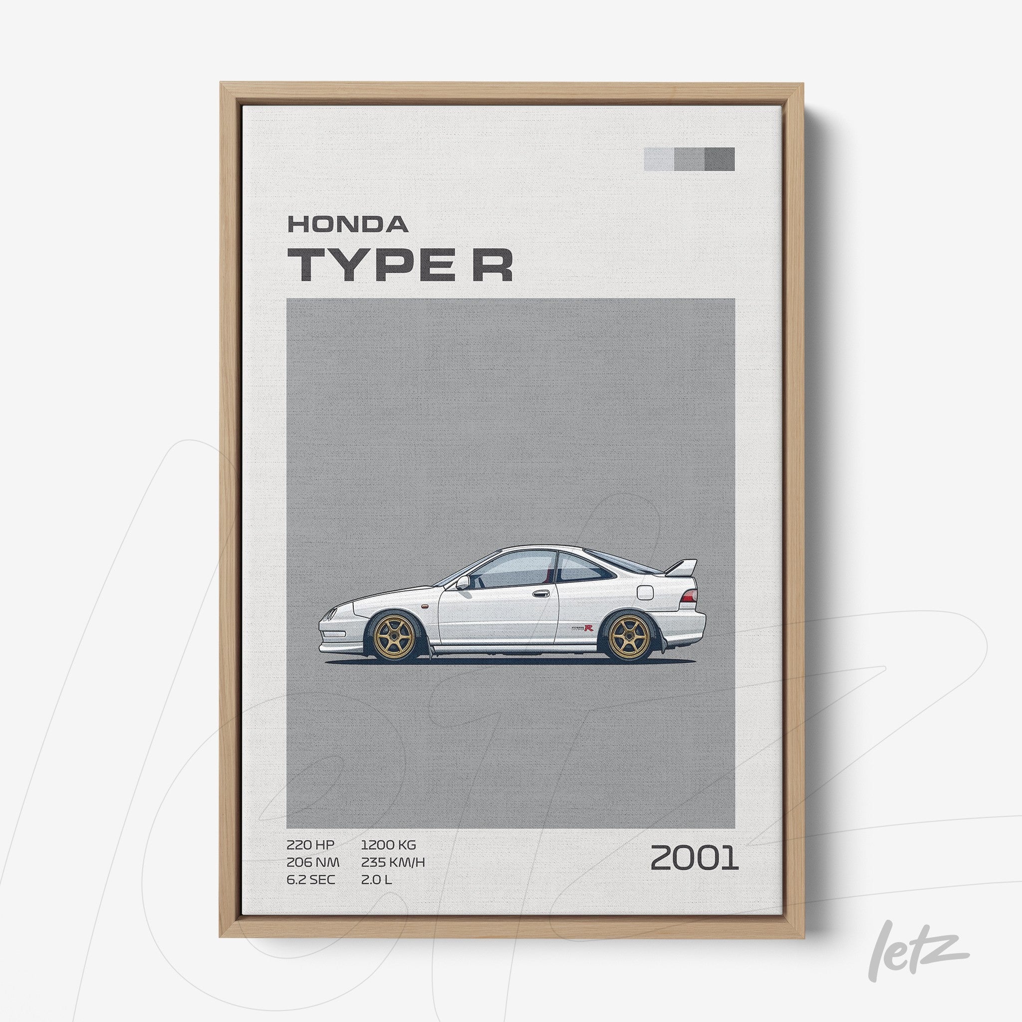 quadro em canvas com ilustração minimalista do carro Honda Type R de 2001 em moldura de madeira clara