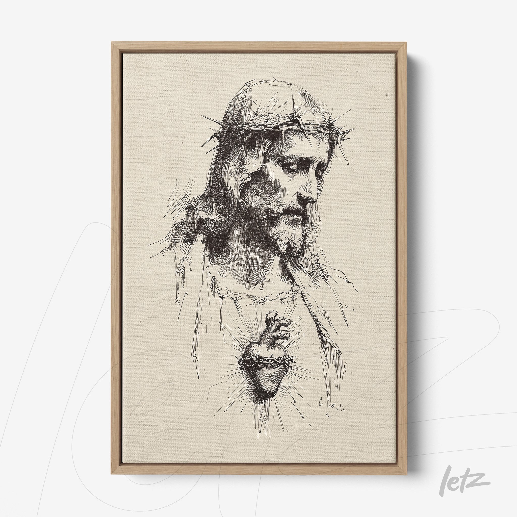 quadro em canvas com ilustração de Jesus Cristo em estilo realista, destacando o Sagrado Coração, em moldura de madeira clara