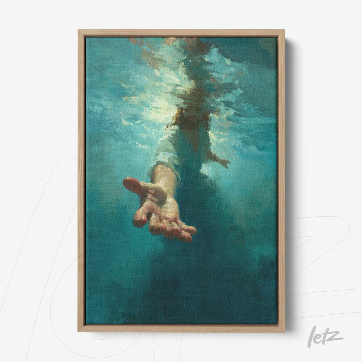 quadro em canvas com arte subaquática de uma mão estendida em busca de ajuda, em moldura de madeira clara