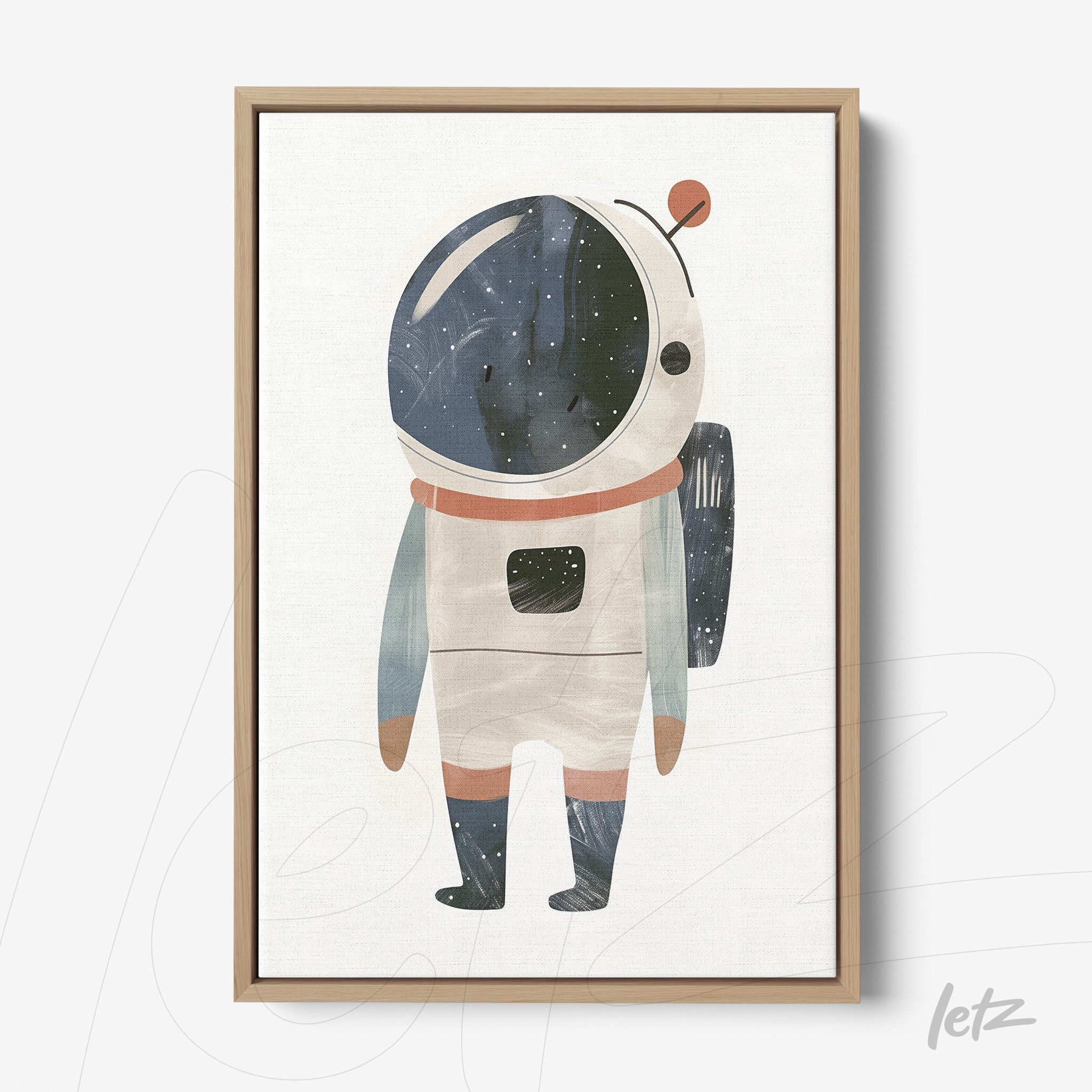 quadro com ilustração de astronauta em moldura de madeira clara