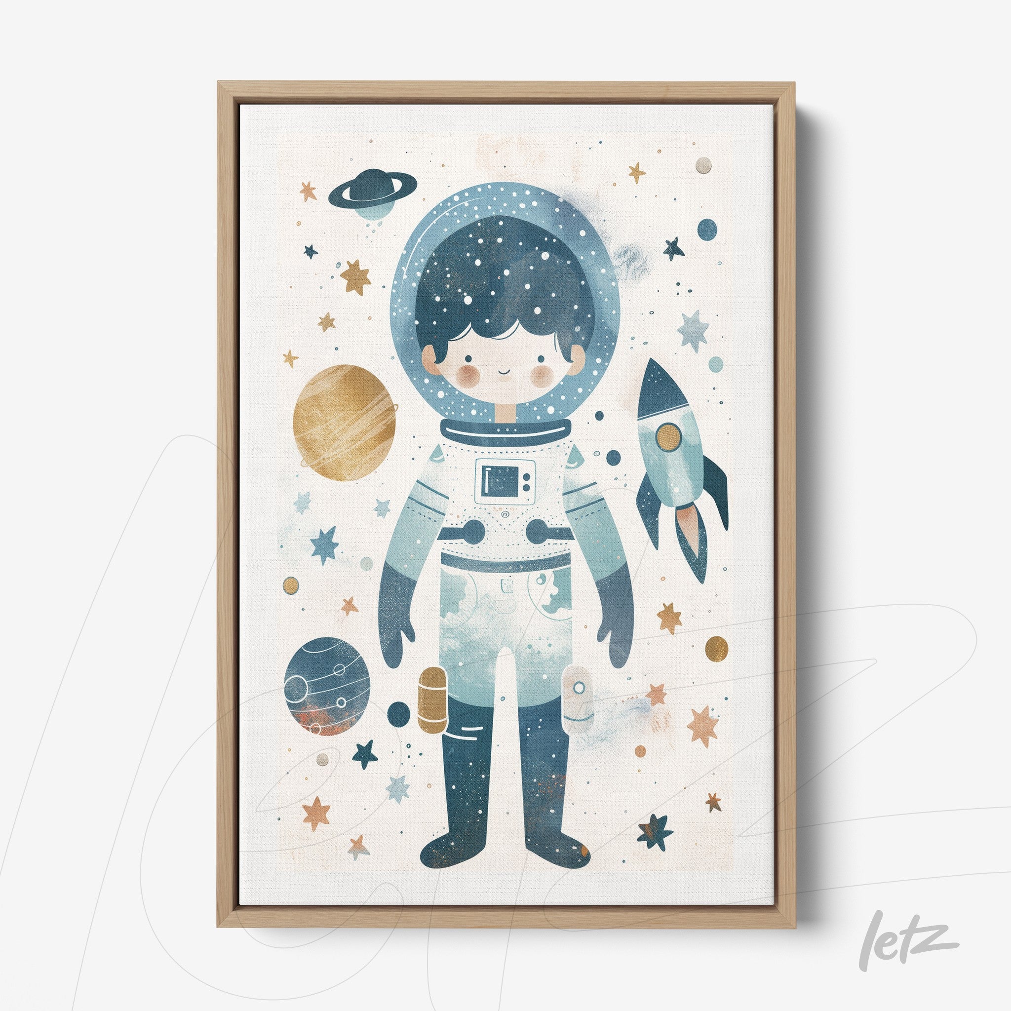quadro em canvas de um astronauta fofo com traje espacial, rodeado por planetas e estrelas em fundo claro, moldura de madeira clara