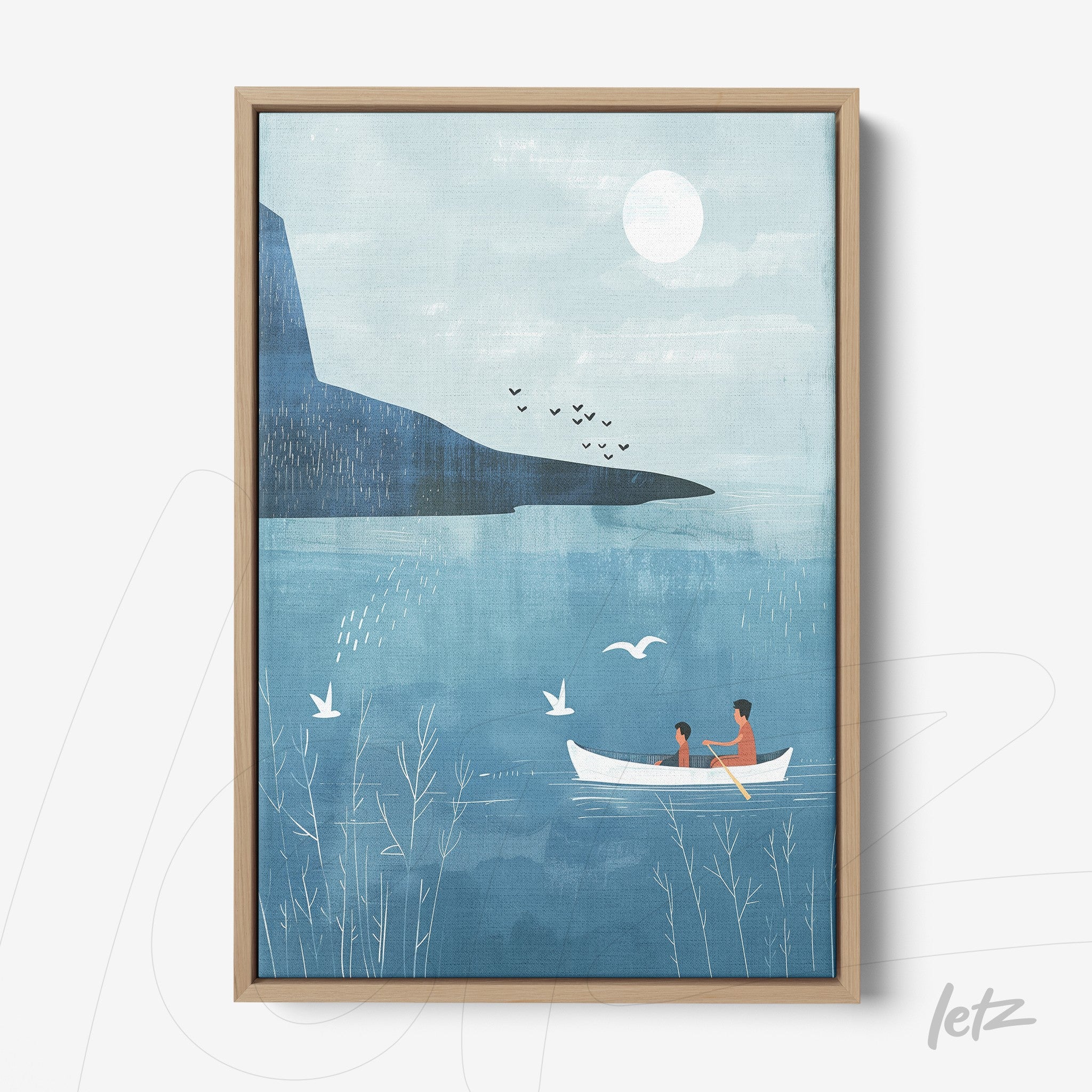 quadro com ilustração suave de um casal em um barco em um lago calmo, decorado com moldura de madeira clara