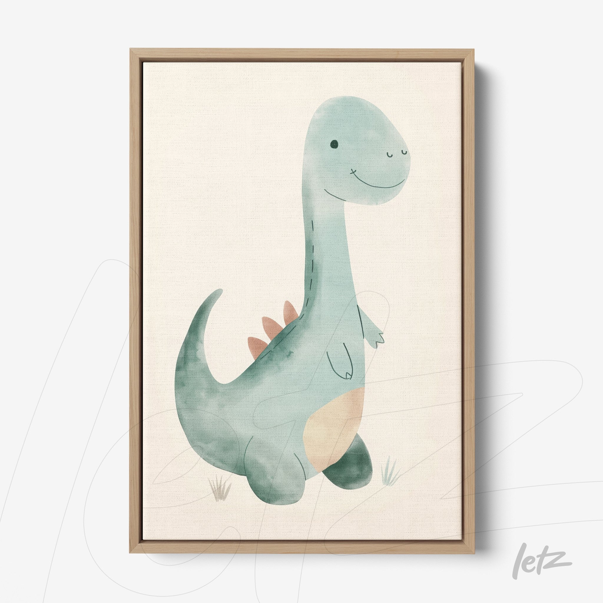 quadro com ilustração em aquarela de um dinossauro amigável em moldura de madeira clara