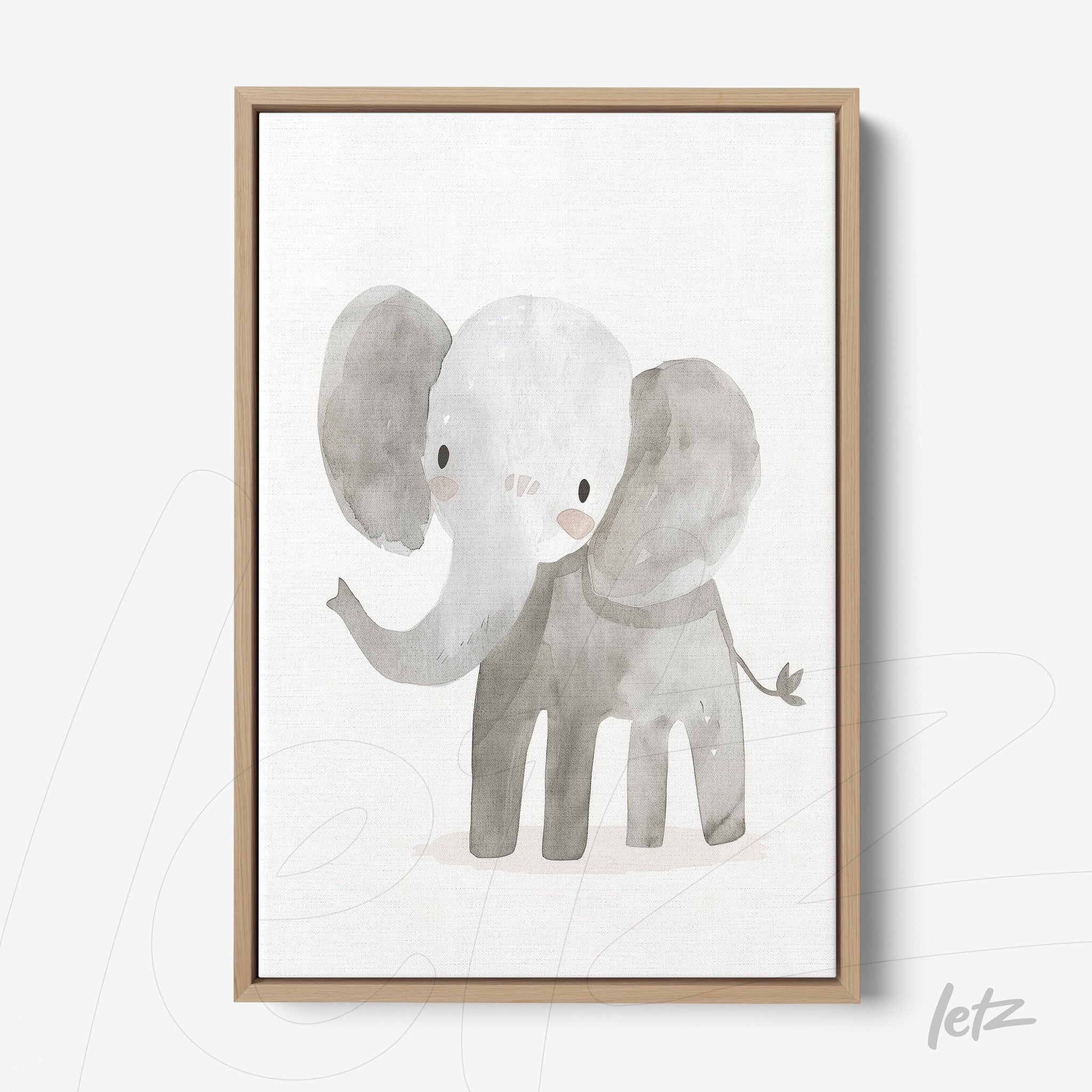 quadro em tela com ilustração de um elefante cinza em estilo aquarela sobre fundo claro, com moldura de madeira clara