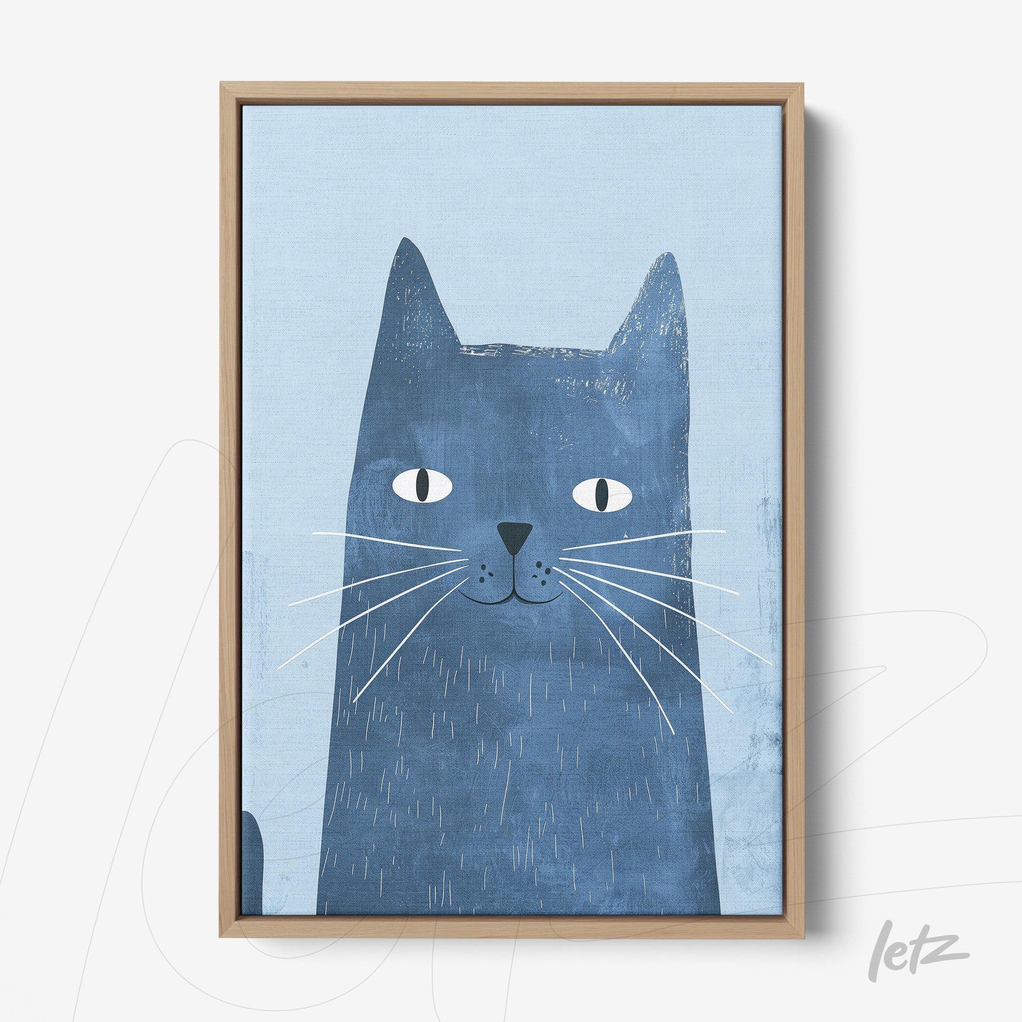 quadro decorativo com ilustração de gato azul sobre fundo claro, em moldura de madeira clara