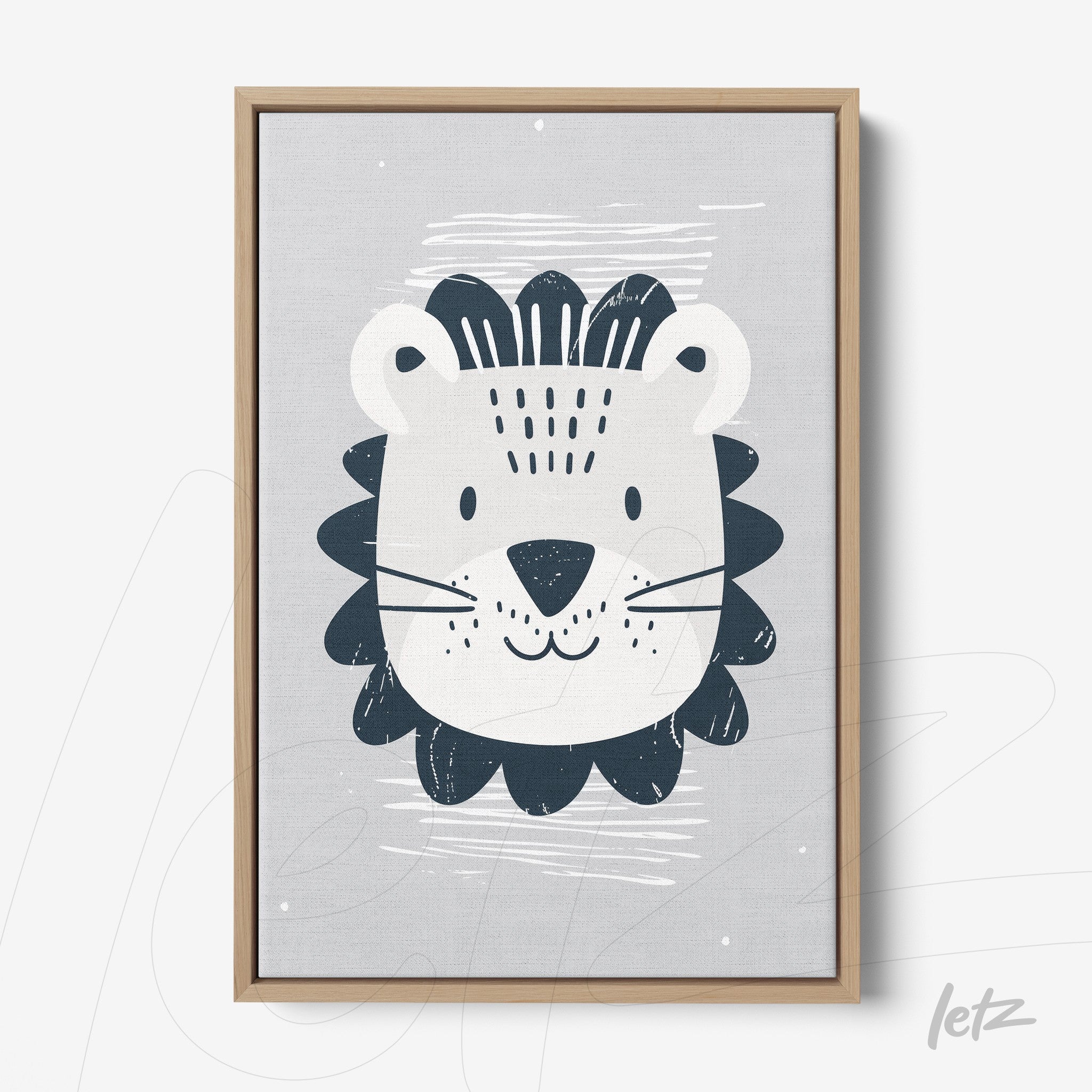 quadro com ilustração de leão estilizado em fundo claro com moldura de madeira clara