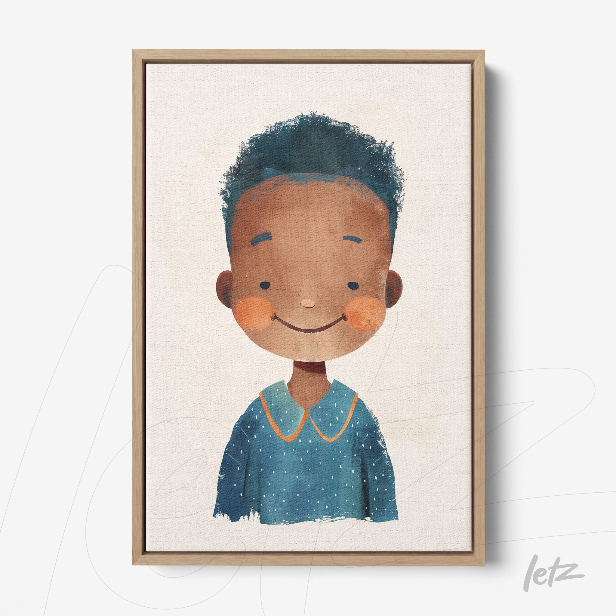 quadro com ilustração de menino sorridente com cabelo crespo emoldurado em madeira clara