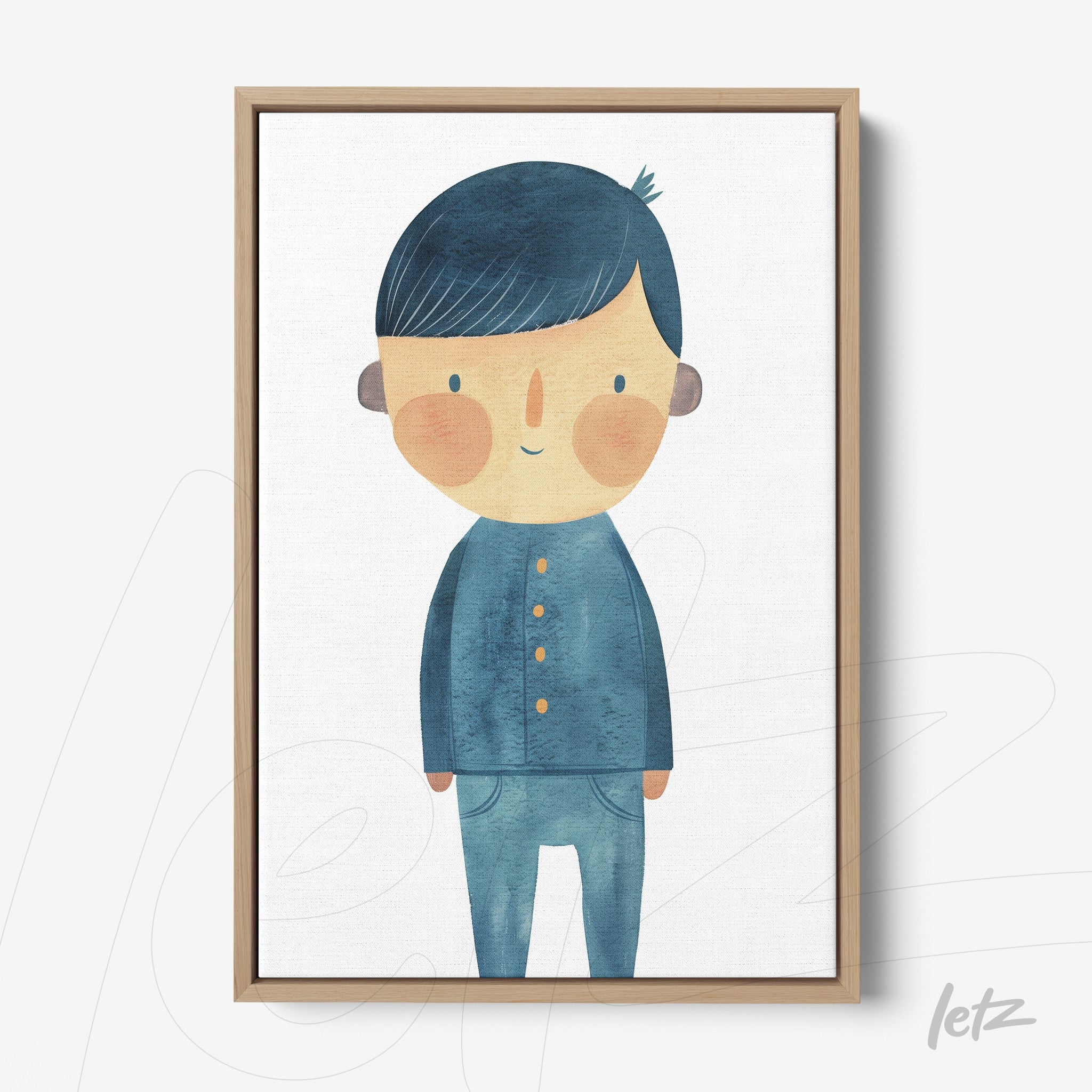 quadro com ilustração de um menino sorridente em tons de azul, moldura em madeira clara