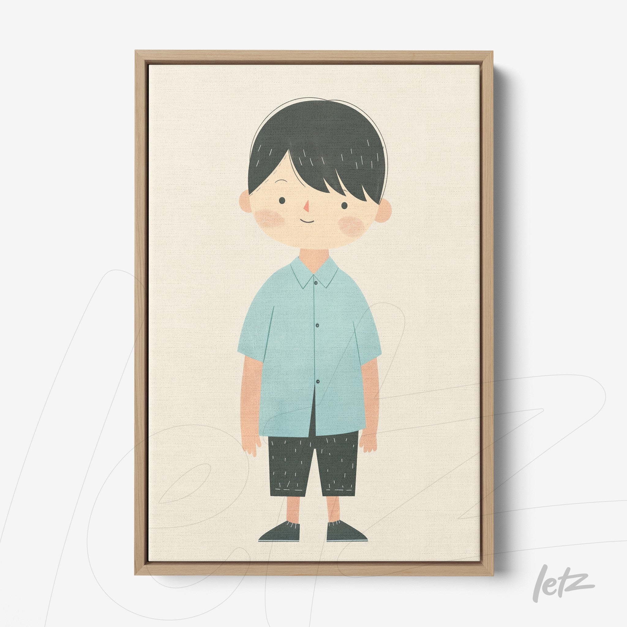 quadro em canvas com ilustração infantil de menino sorridente usando camisa azul clara e calças pretas, moldura de madeira clara