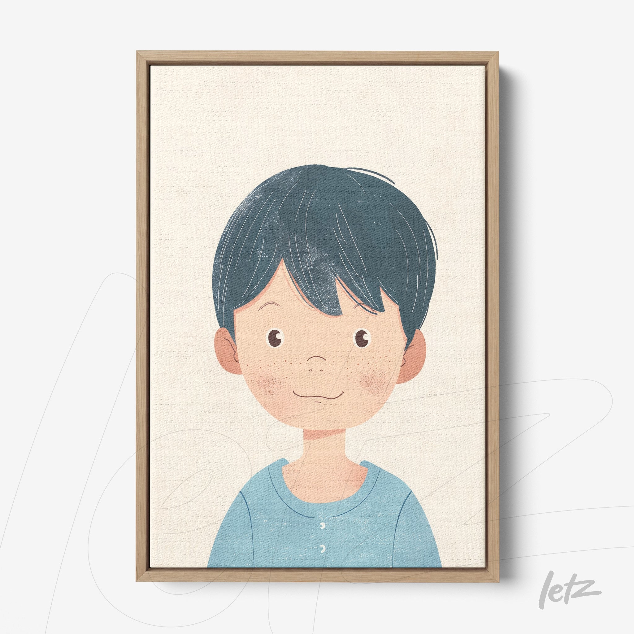 quadro com ilustração infantil de menino sorridente com cabelo curto e azul, em moldura de madeira clara
