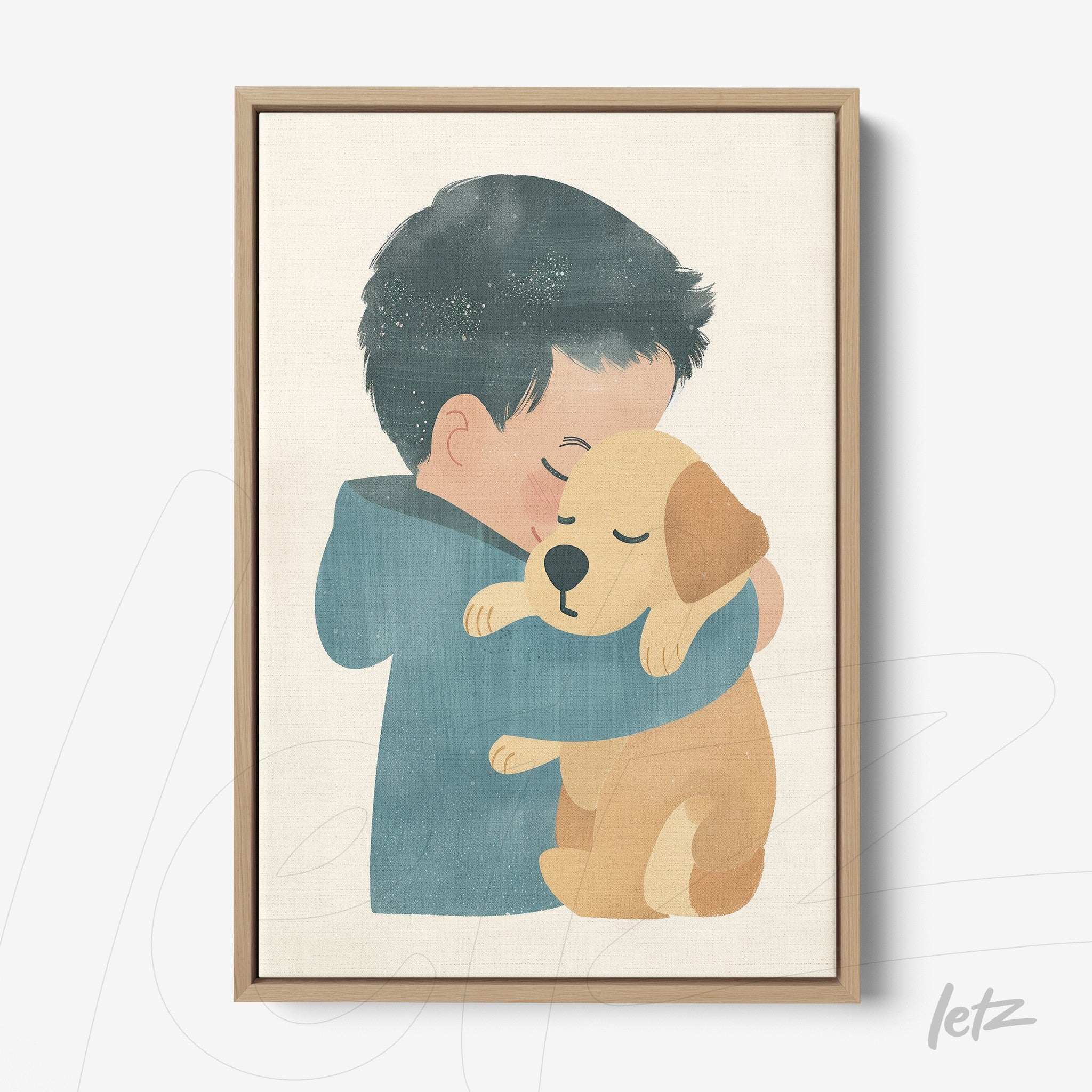 quadro com ilustração de criança abraçando um cachorro labrador em moldura de madeira clara