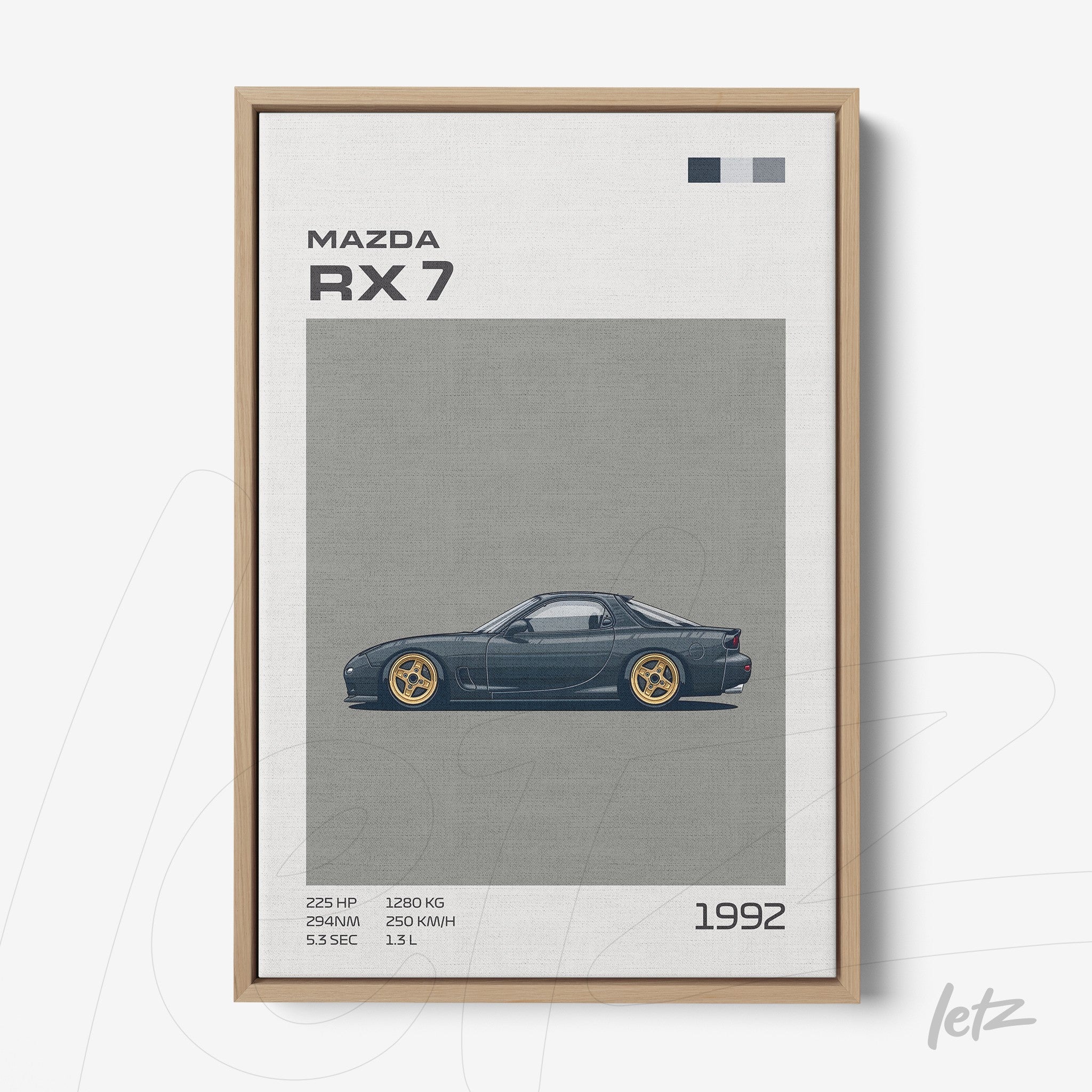 quadro com ilustração do carro Mazda RX-7 em moldura de madeira clara